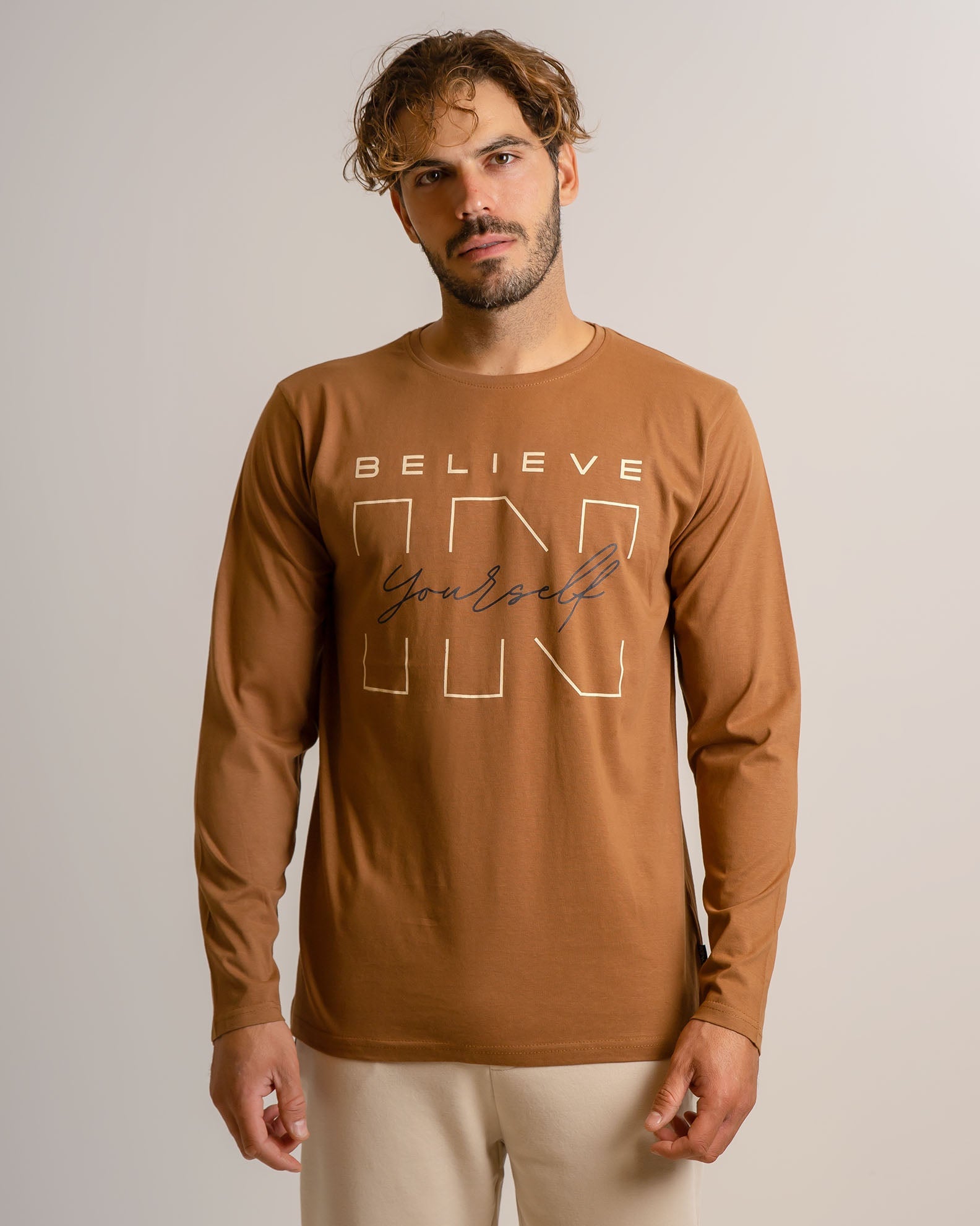 Men's Long Sleeve Blouse with 'Believe In' Print-CAMEL