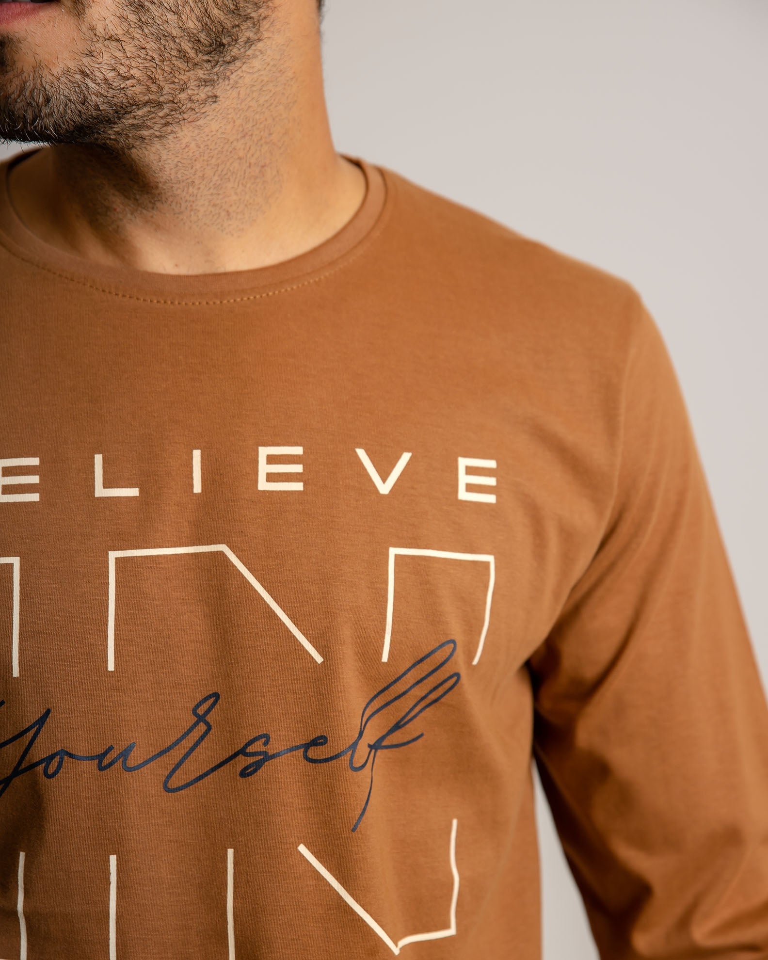 Men's Long Sleeve Blouse with 'Believe In' Print-CAMEL