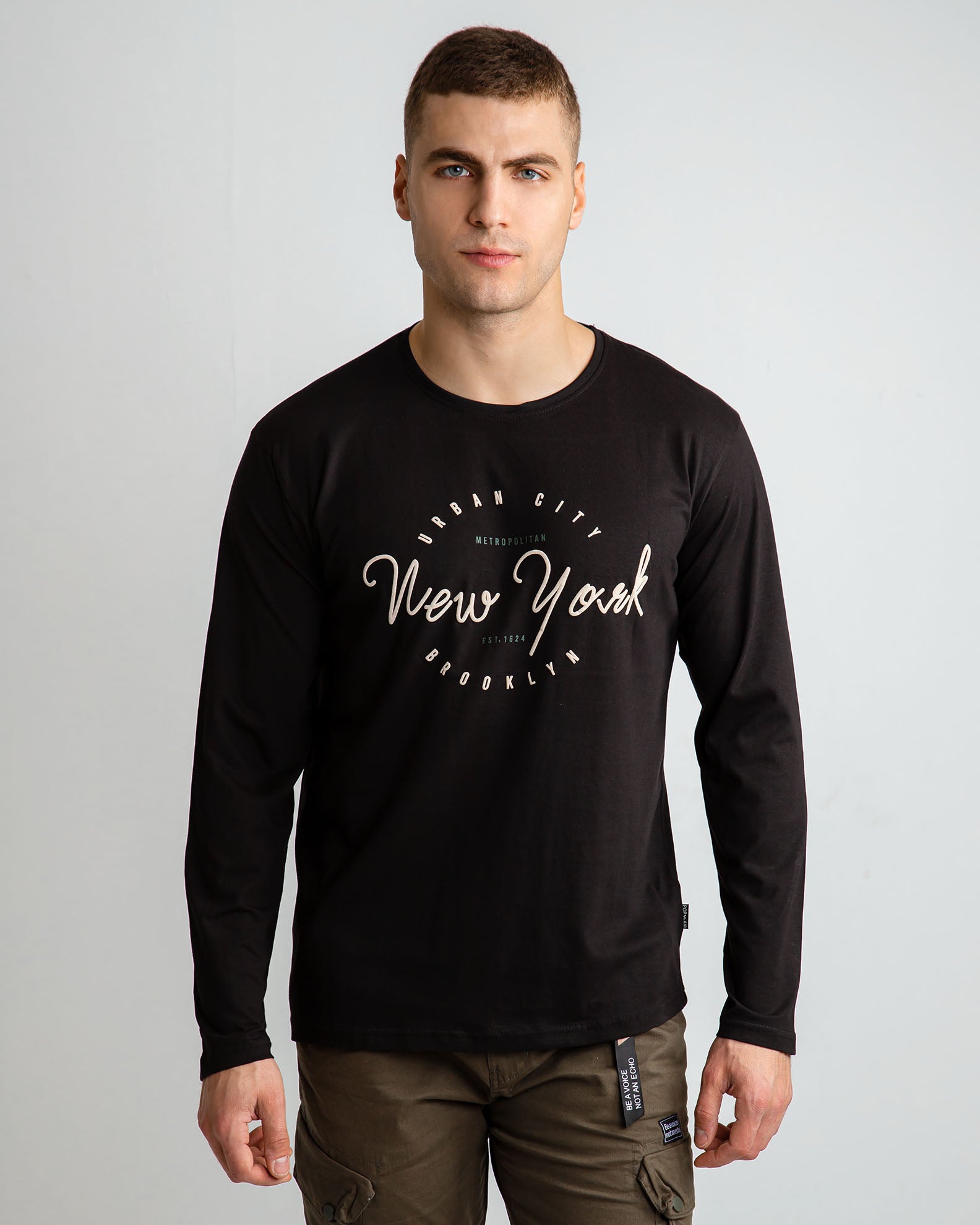 Men's Long Sleeve Blouse with 'New york' Print-BLACK