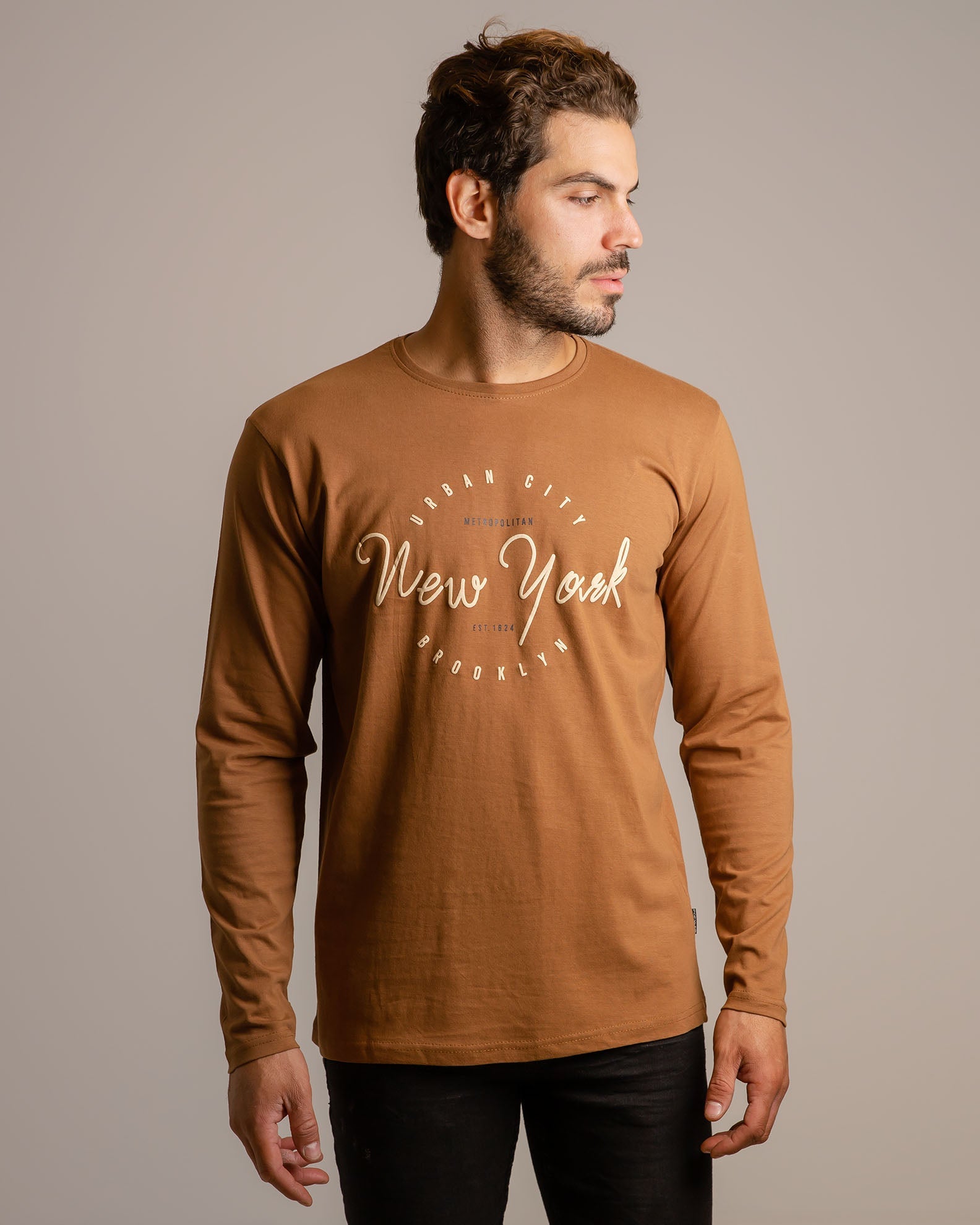 Men's Long Sleeve Blouse with 'New york' Print - CAMEL