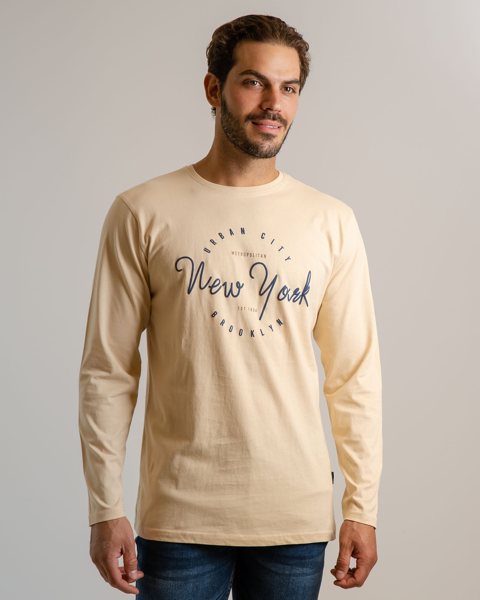 Men's Long Sleeve Blouse with 'New york' Print-CREAM