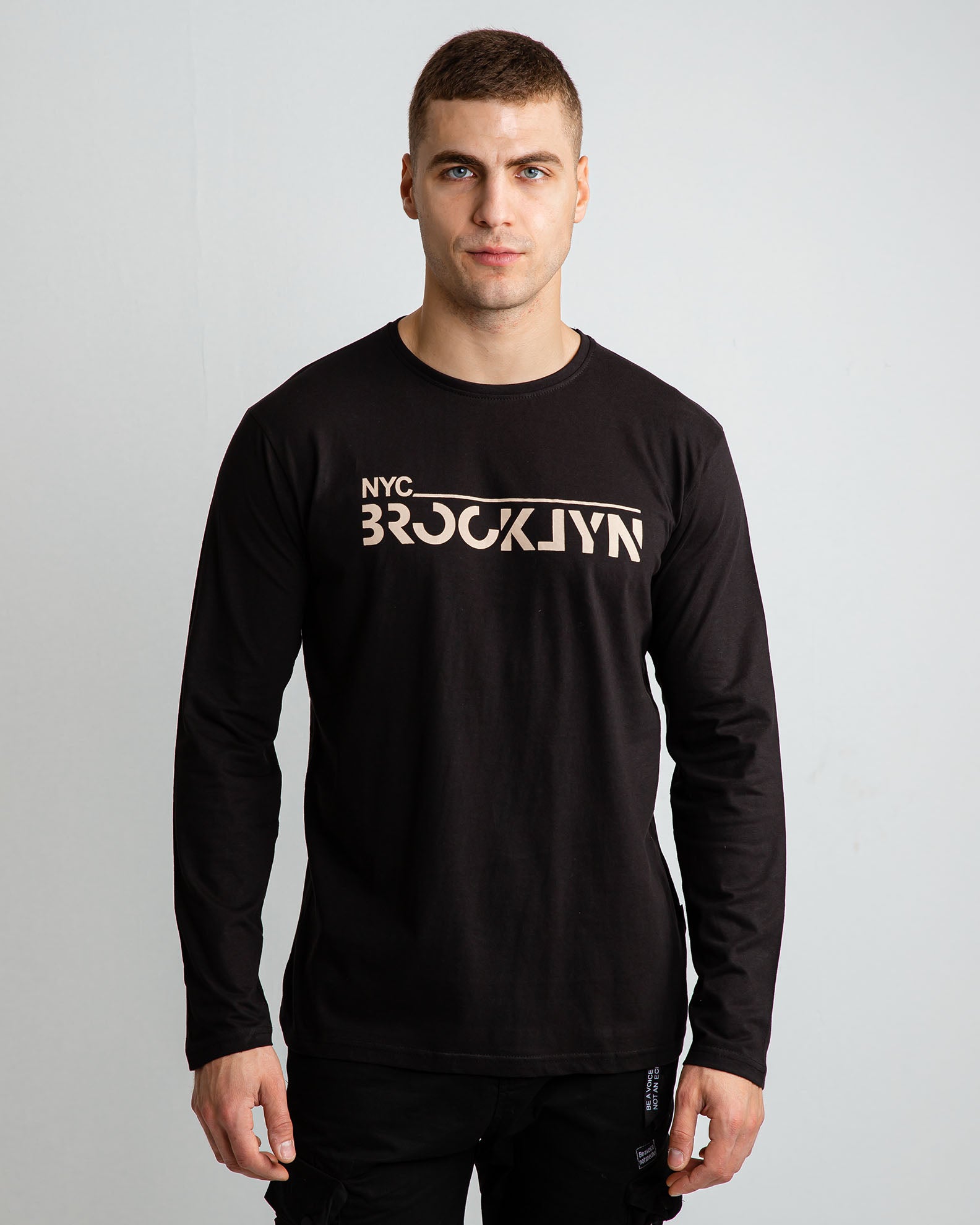 Men's Long Sleeve Blouse with 'Brooklyn' Print-BLACK