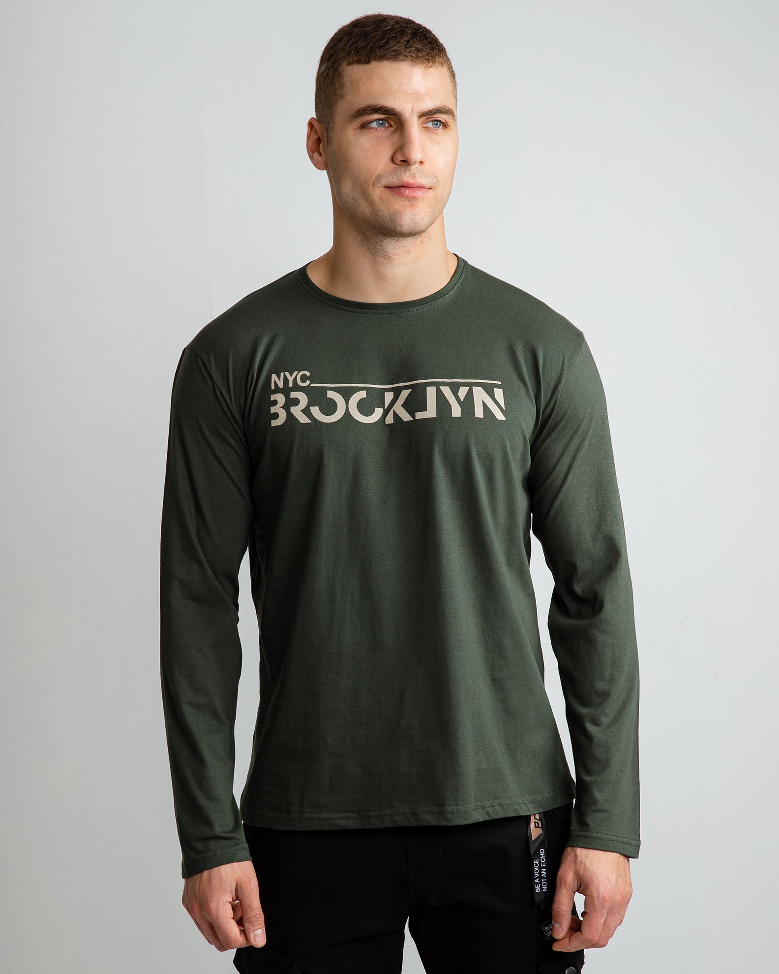 Men's Long Sleeve Blouse with 'Brooklyn' Print-KHAKI