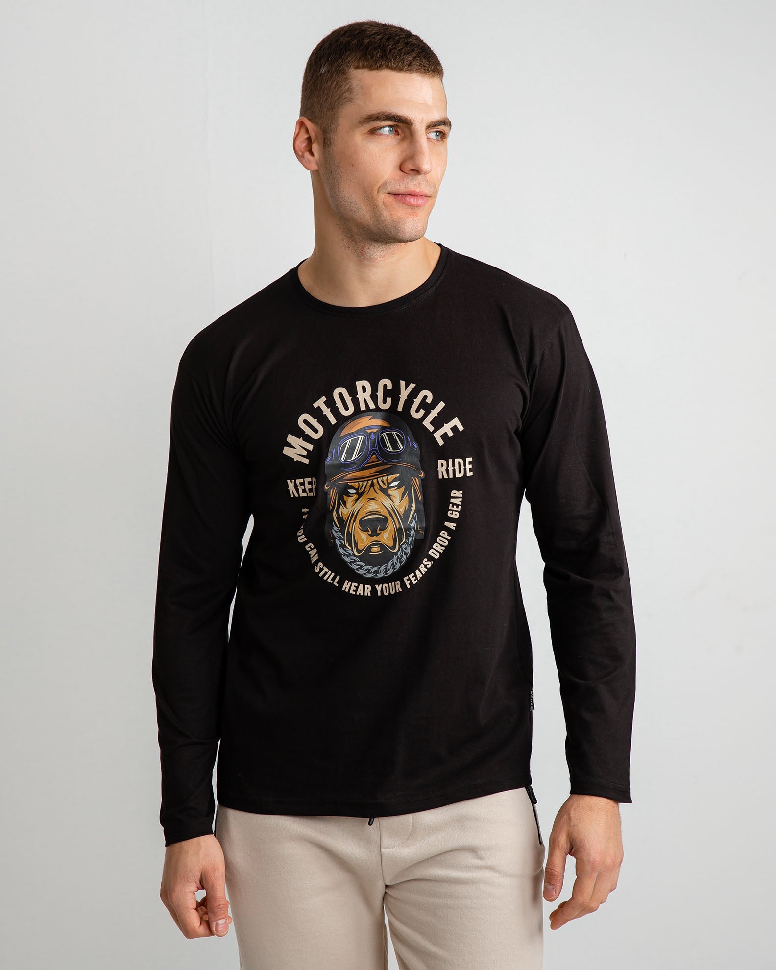 Men's Long Sleeve T-Shirt with 'Moto dog' Print-BLACK