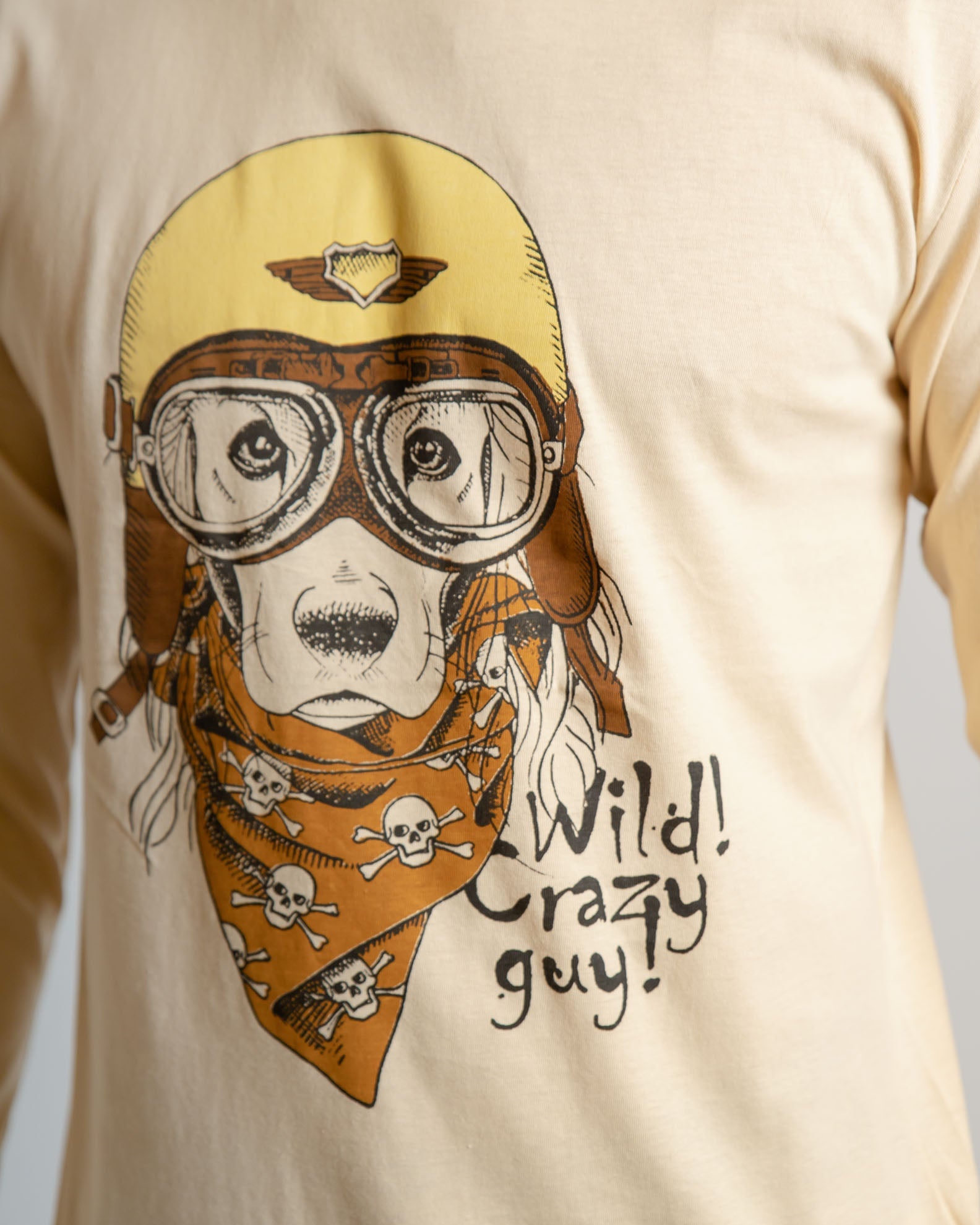 Men's Long Sleeve Blouse with 'Wild crazy guy' Print-CREAM