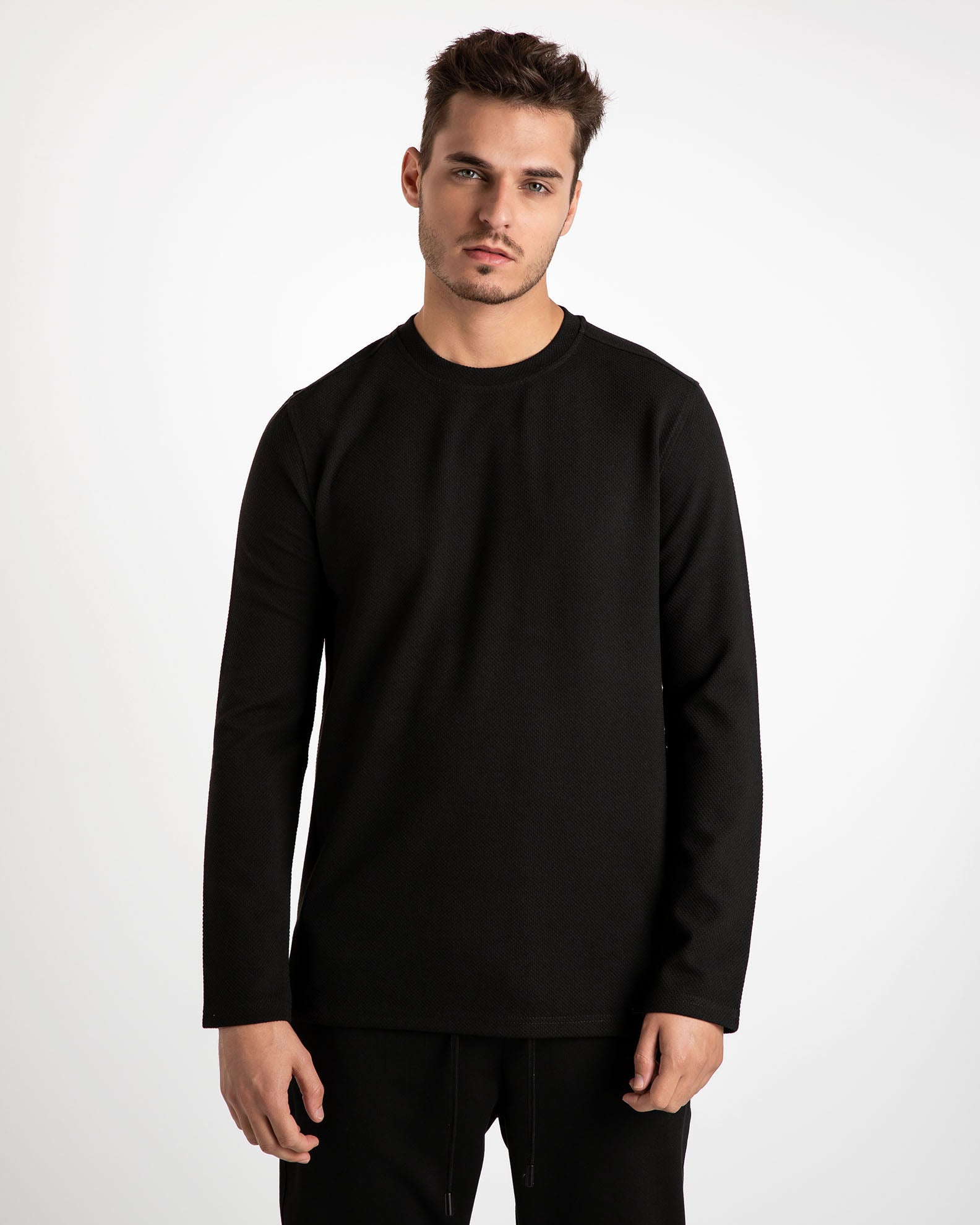 Men's long-sleeved pique shirt 'Ricko'-BLACK