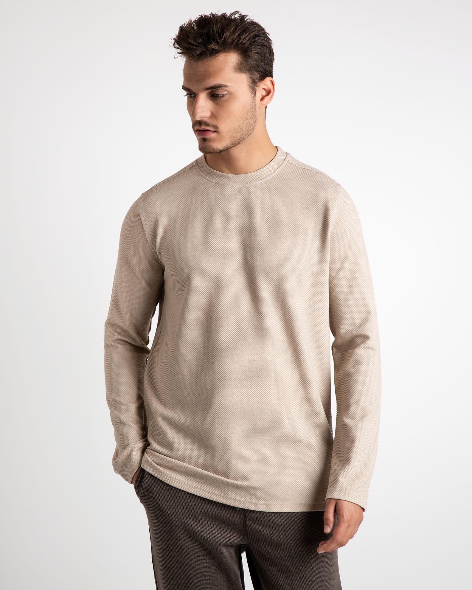 Men's long-sleeved pique blouse 'Ricko'-CREAM