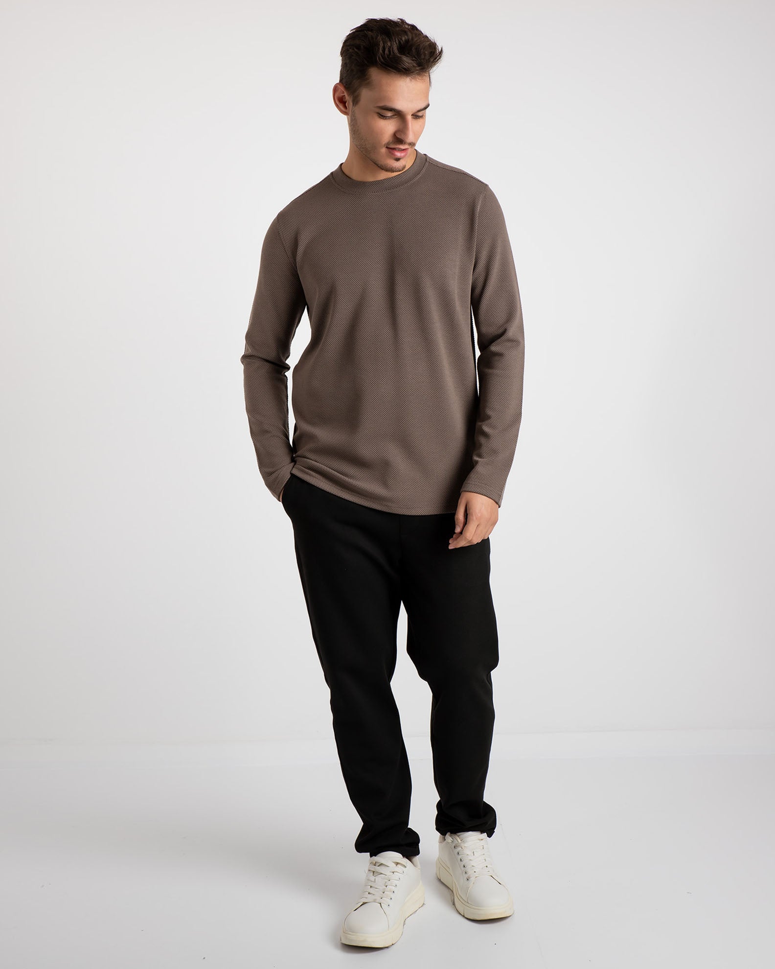 Men's long-sleeved pique blouse 'Ricko'-TAUPE