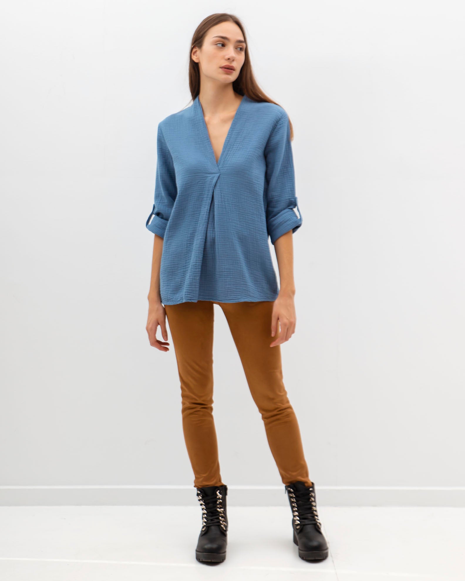 Women's 'Annilie' waffle shirt blouse-DENIM