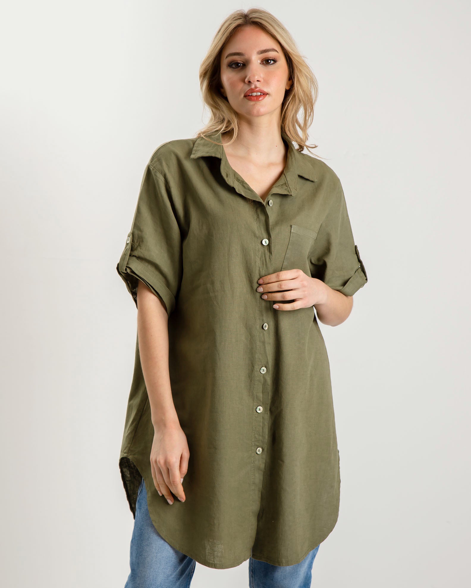 Women's Oversize Long Sleeve Corrugated Shirt 'Li44osa'-lkhaki