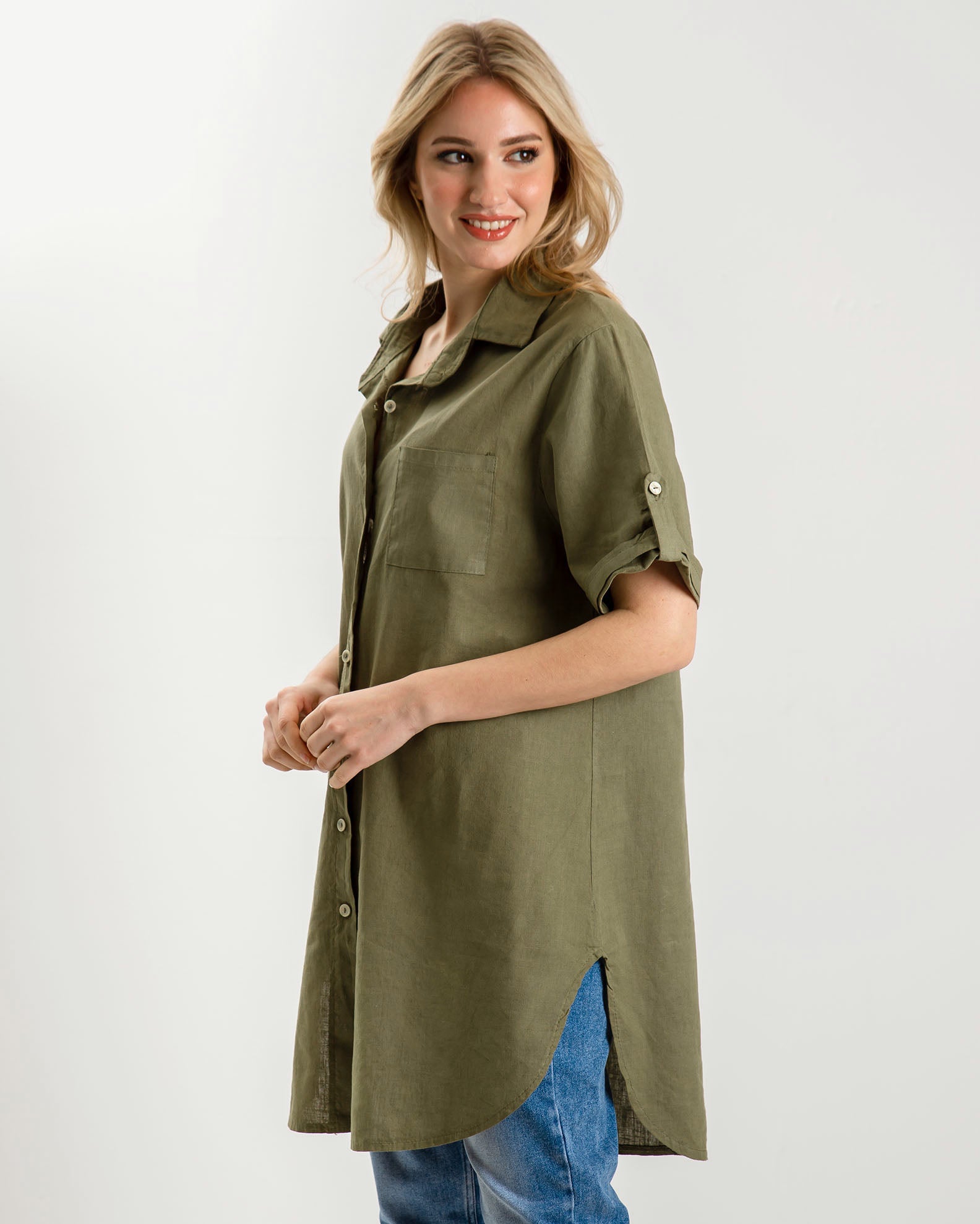 Women's Oversize Long Sleeve Corrugated Shirt 'Li44osa'-lkhaki