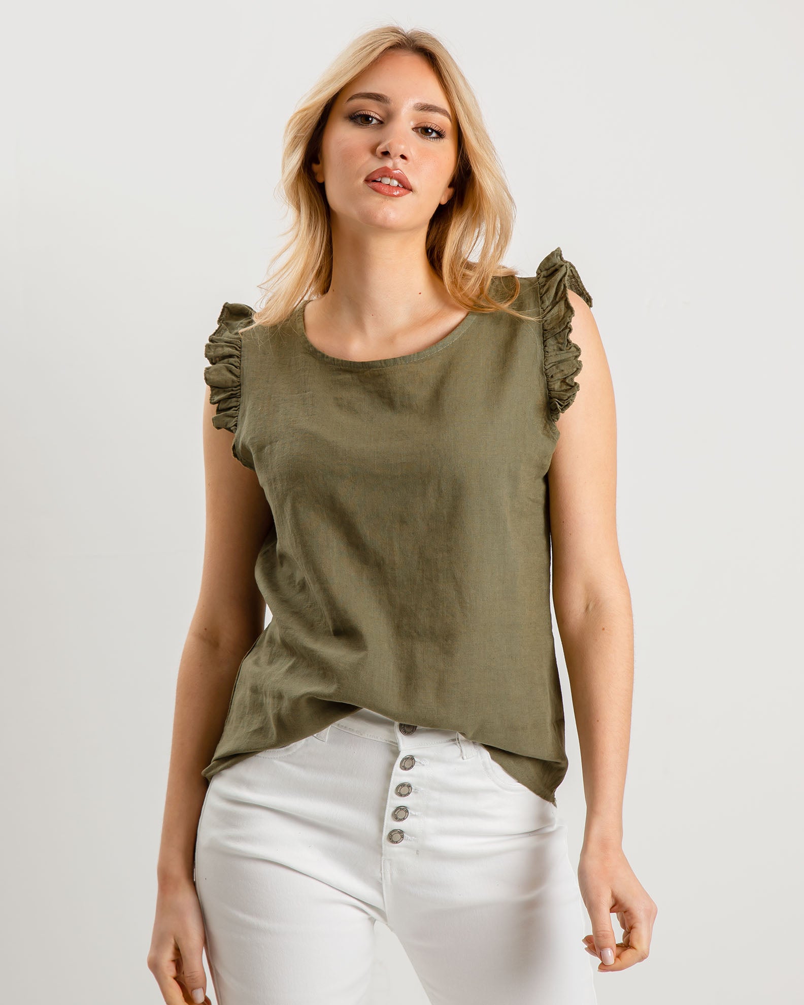 Women's blouse short-sleeved pink with ruffles 'Ma44vie'-khaki