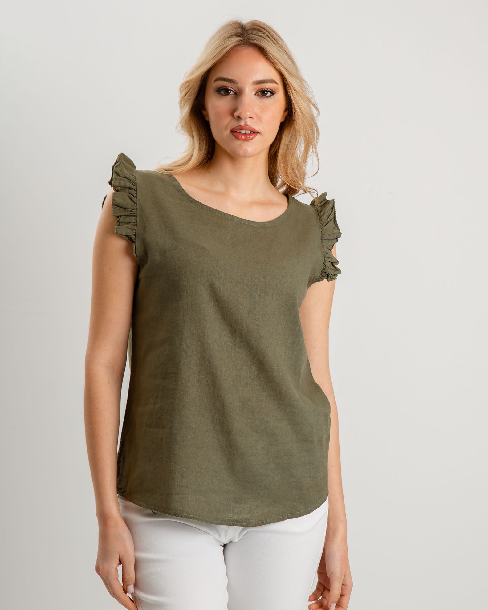 Women's blouse short-sleeved pink with ruffles 'Ma44vie'-khaki