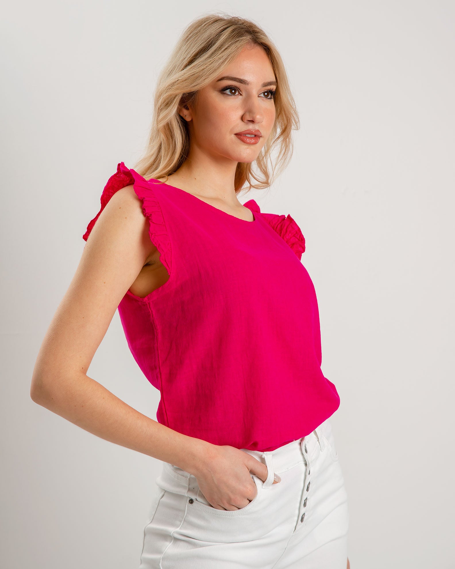 Women's blouse short-sleeved pink with ruffles 'Ma44vie'-rose pink