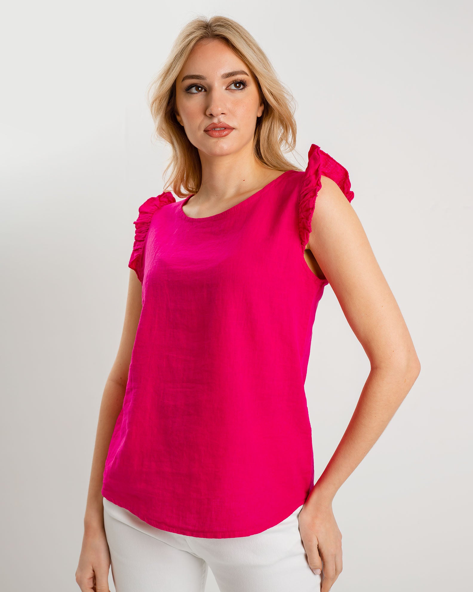 Women's blouse short-sleeved pink with ruffles 'Ma44vie'-rose pink