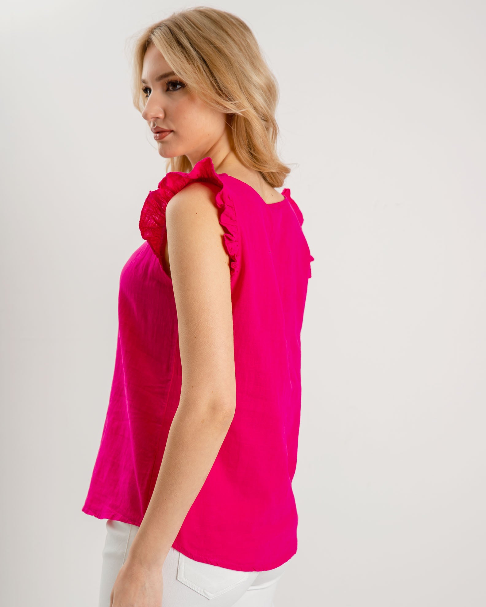 Women's blouse short-sleeved pink with ruffles 'Ma44vie'-rose pink