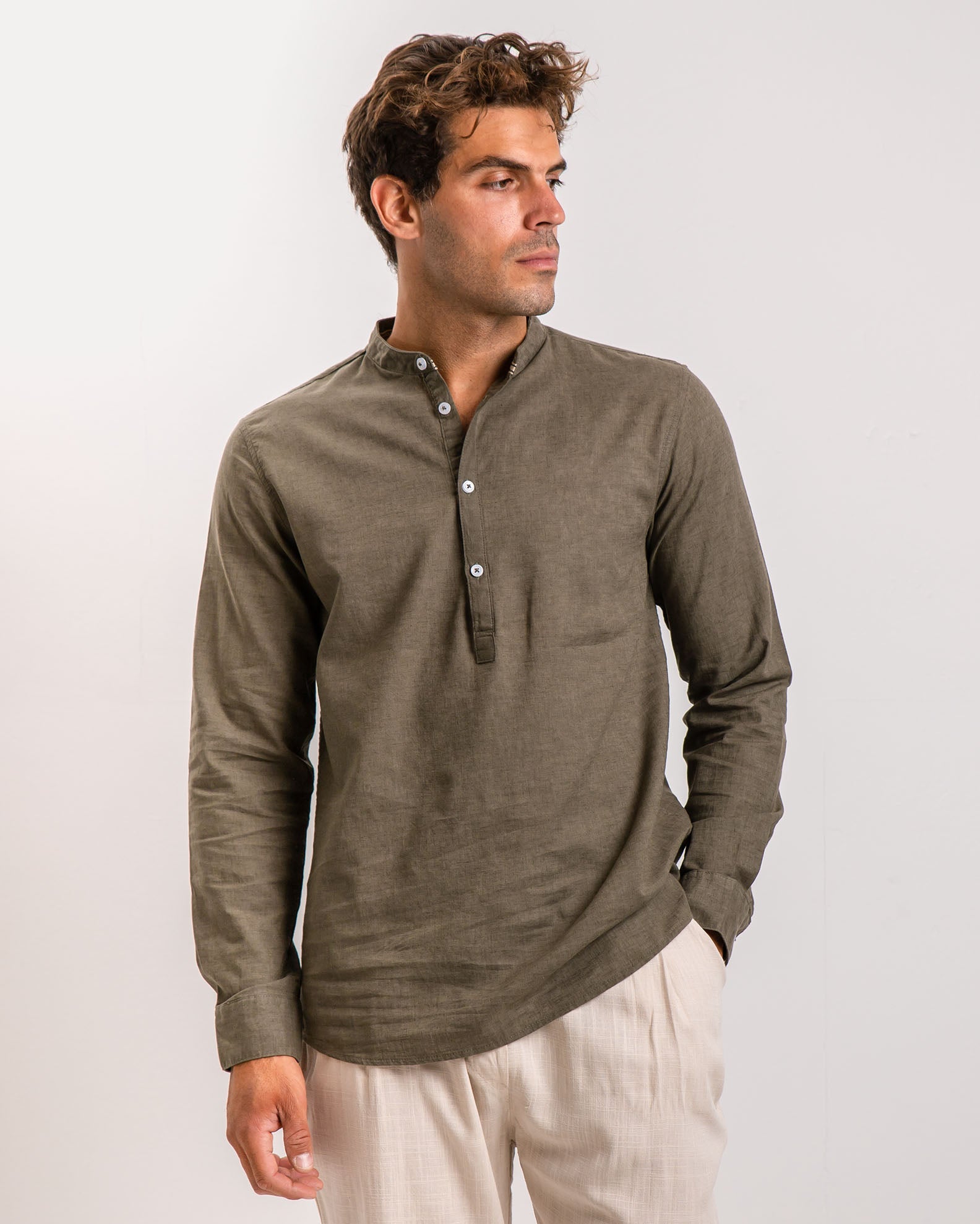 Men's 'Clark' long sleeve linen shirt-KHAKI