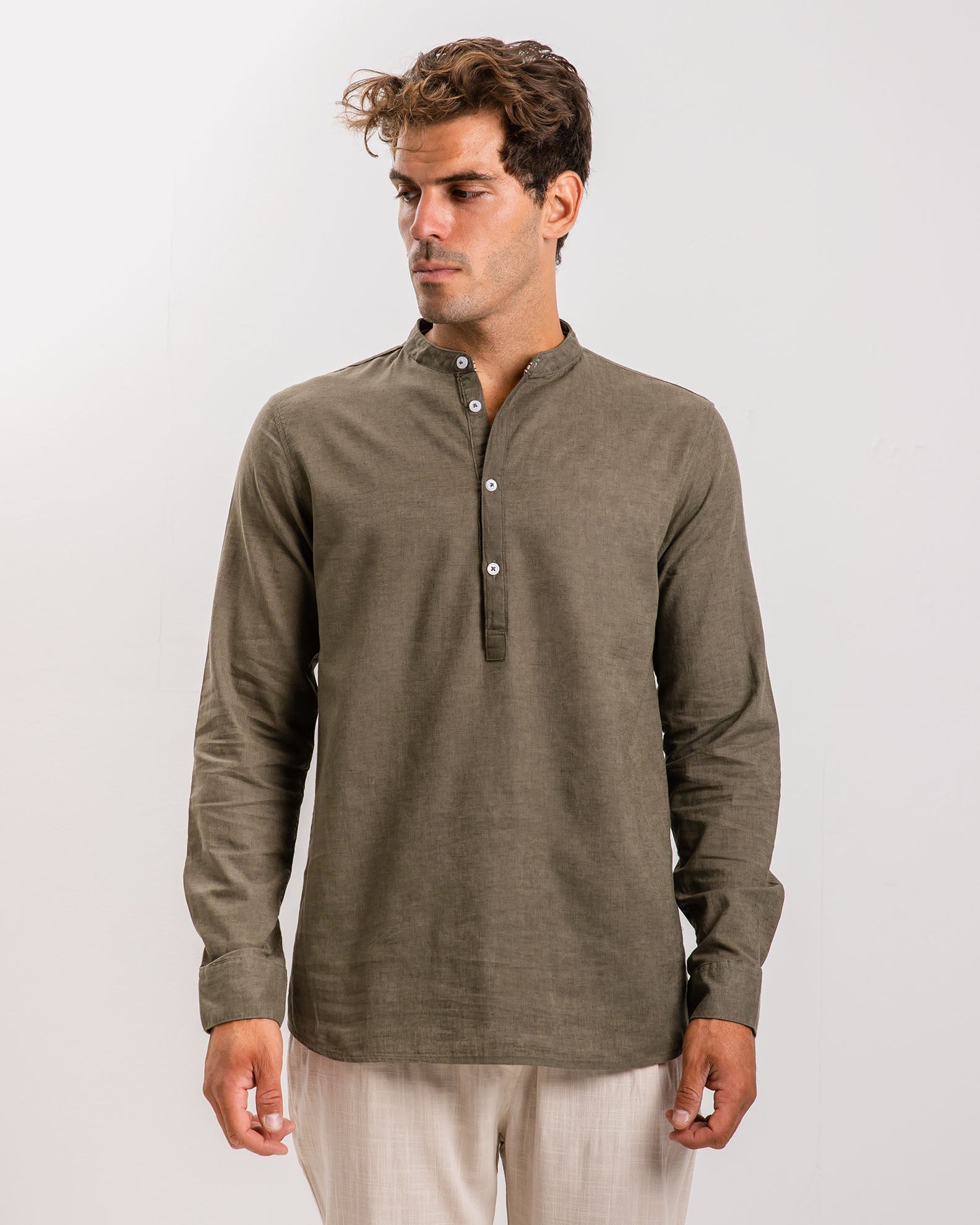 Men's 'Clark' long sleeve linen shirt-KHAKI