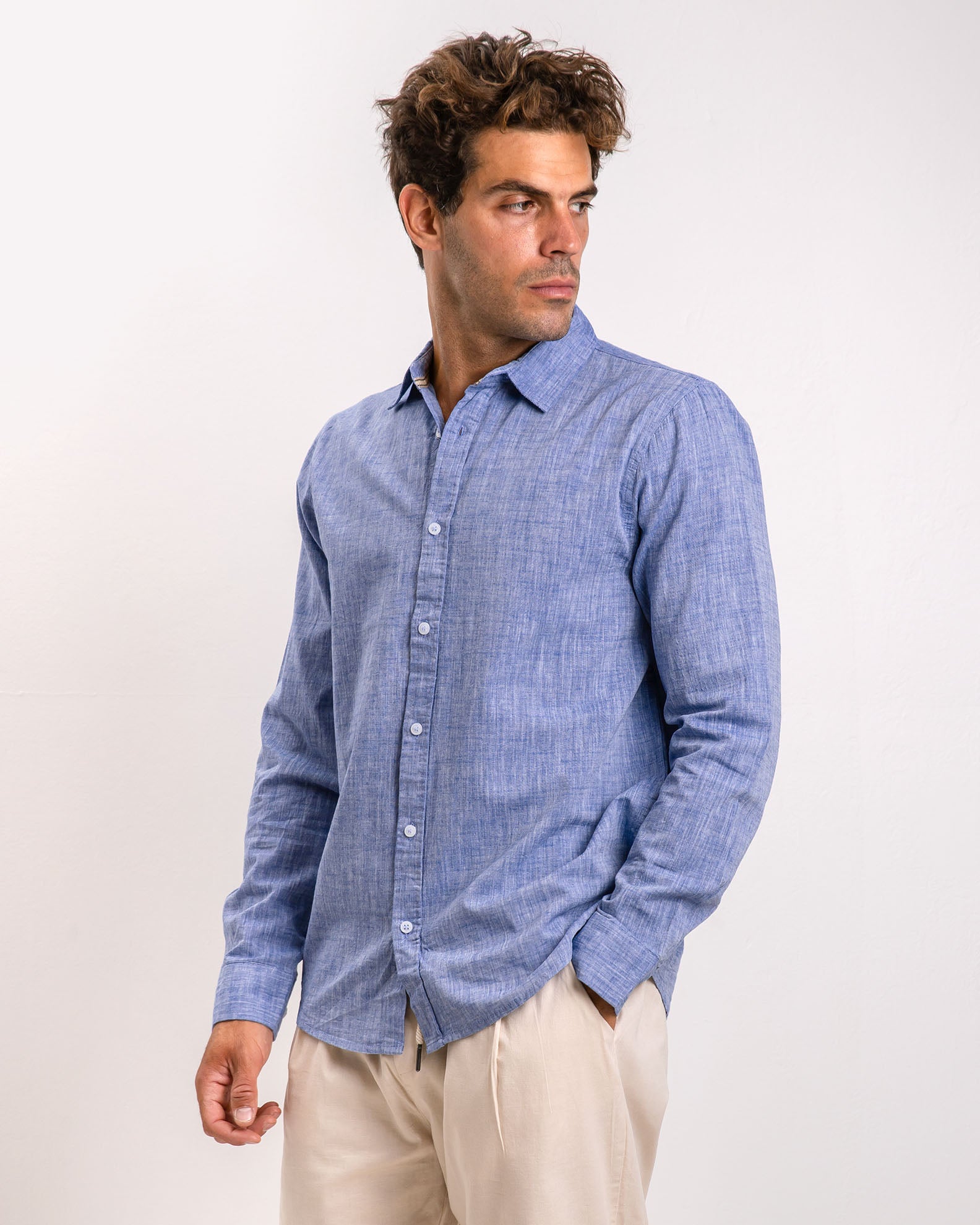 Men's long sleeve linen shirt with 'Stuart' collar-BLUE MELANGE