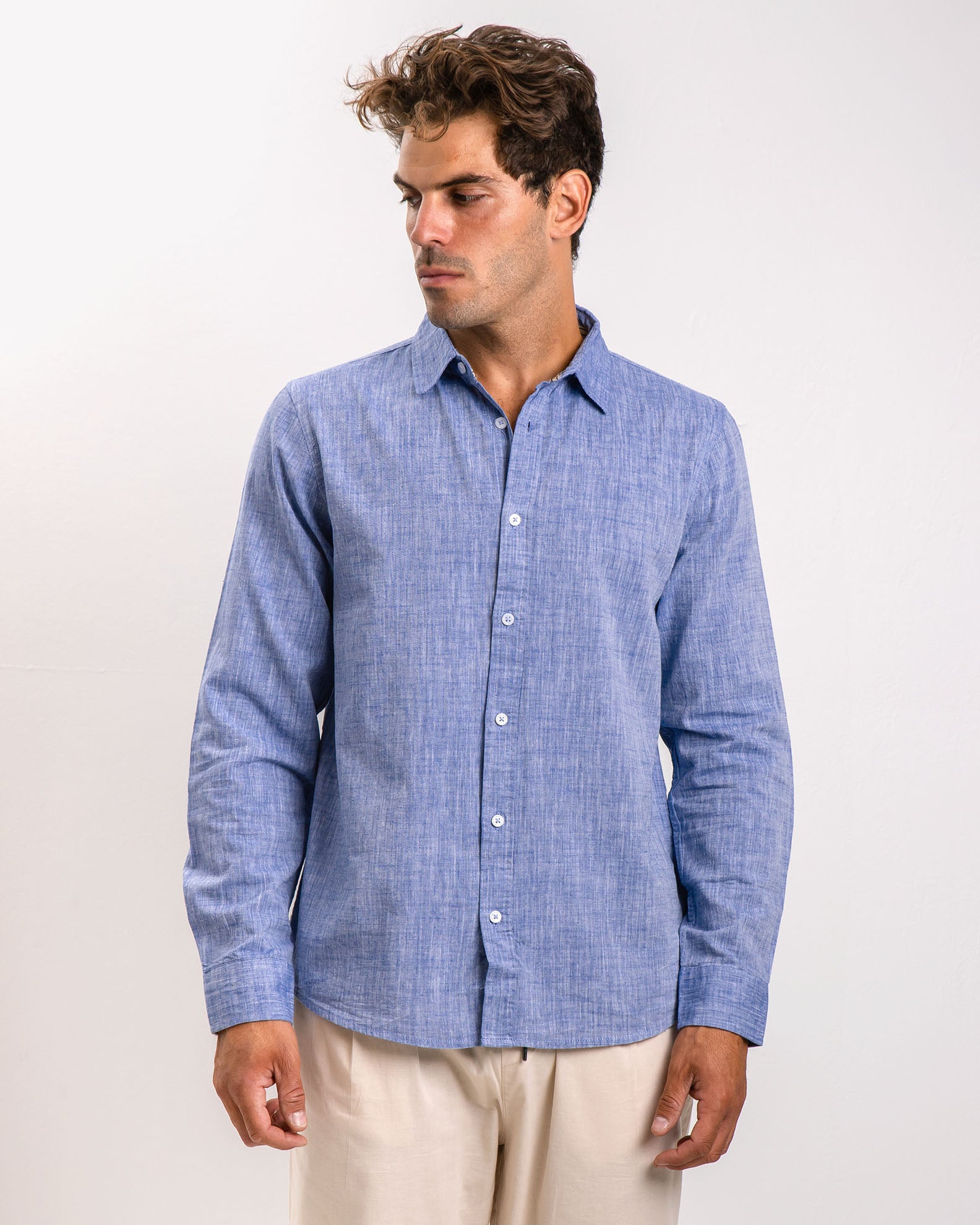 Men's long sleeve linen shirt with 'Stuart' collar-BLUE MELANGE