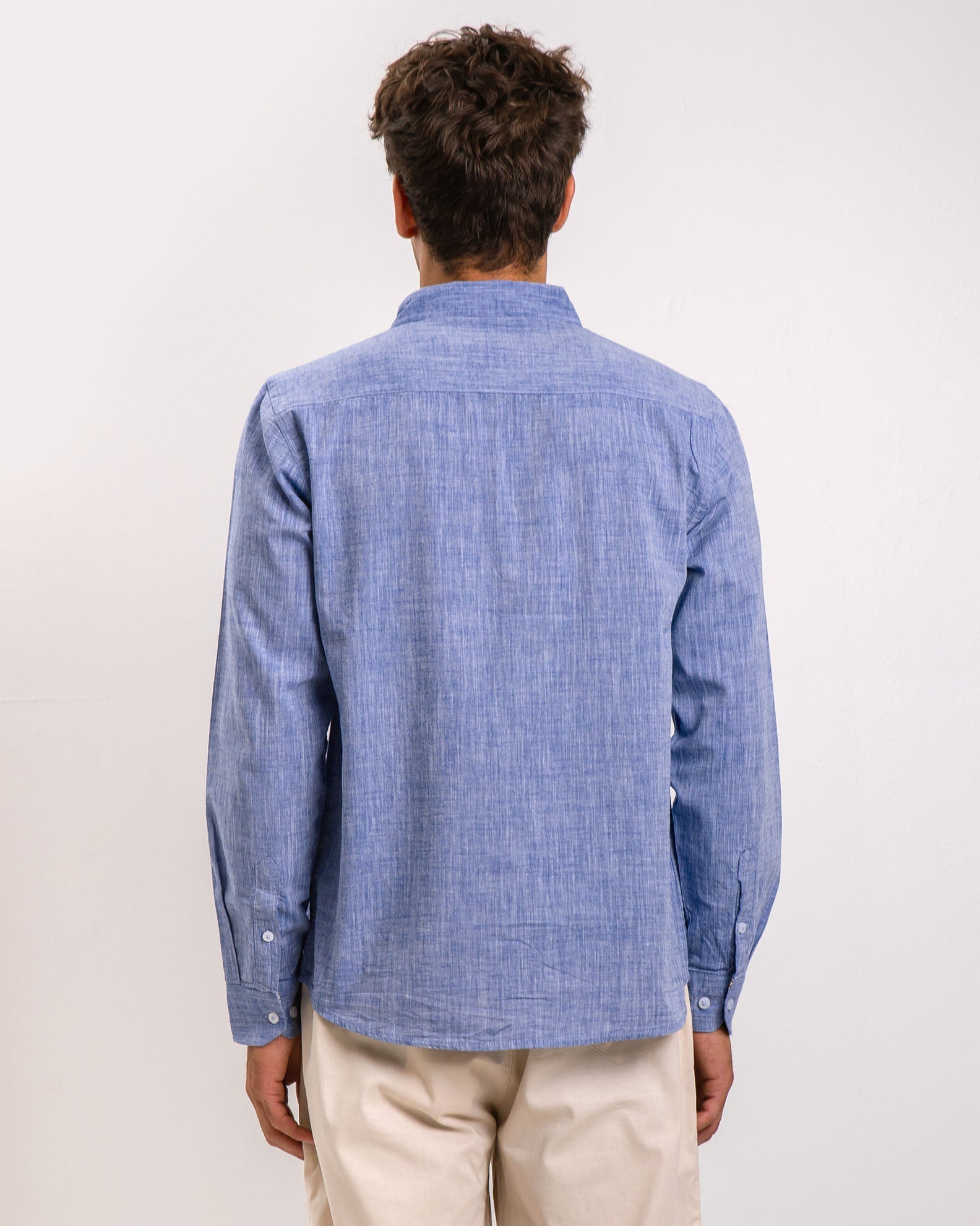 Men's long sleeve linen shirt with 'Stuart' collar-BLUE MELANGE