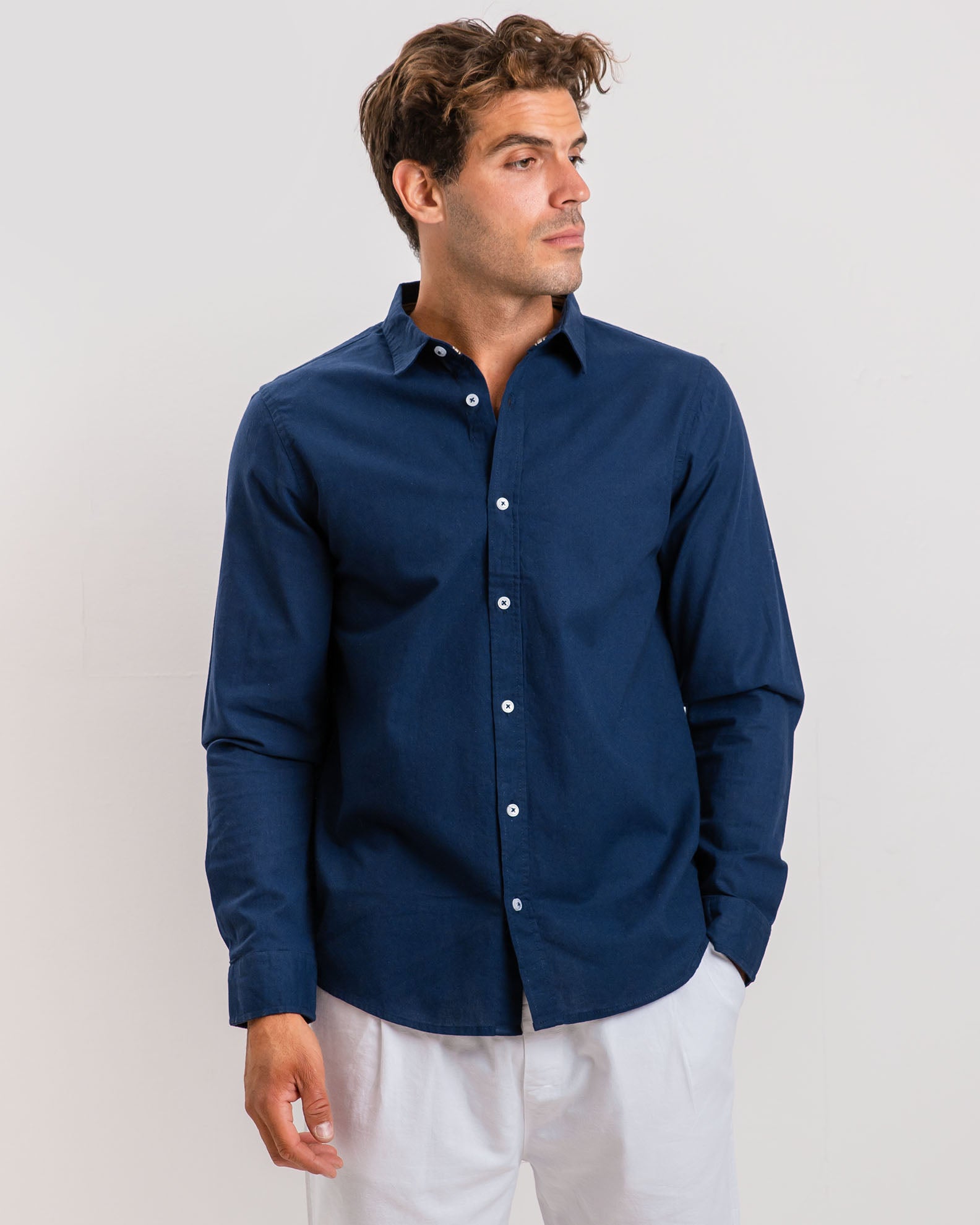 Men's long sleeve 'Stuart' collared linen shirt-BLUE NAVY