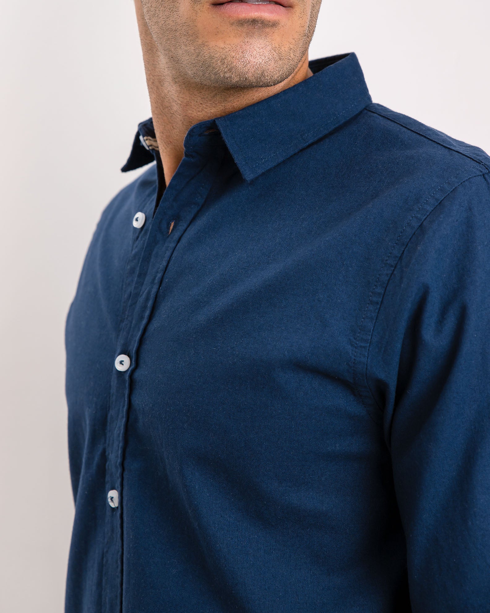 Men's long sleeve 'Stuart' collared linen shirt-BLUE NAVY