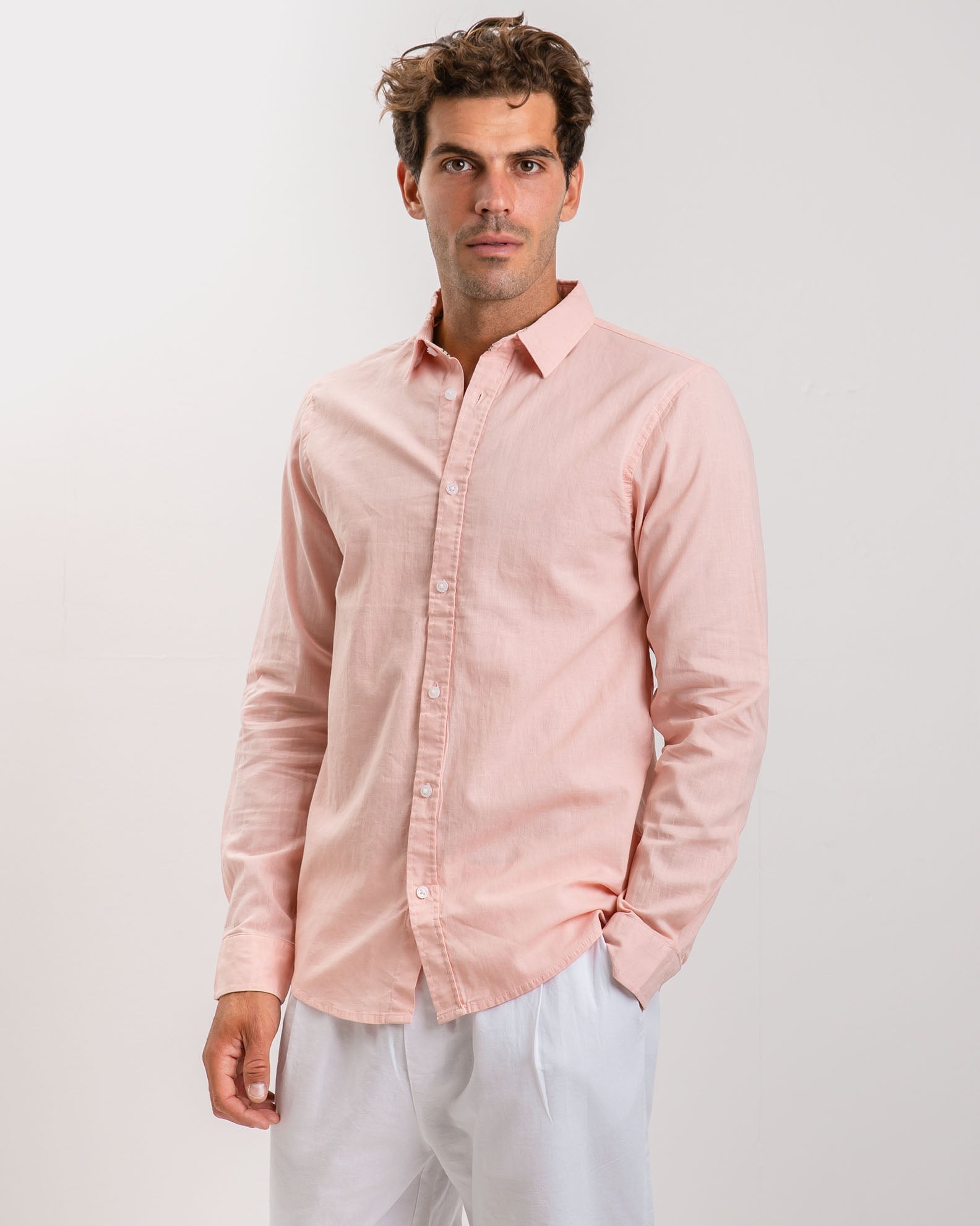 Men's long sleeve linen shirt with 'Stuart' collar-SALMON