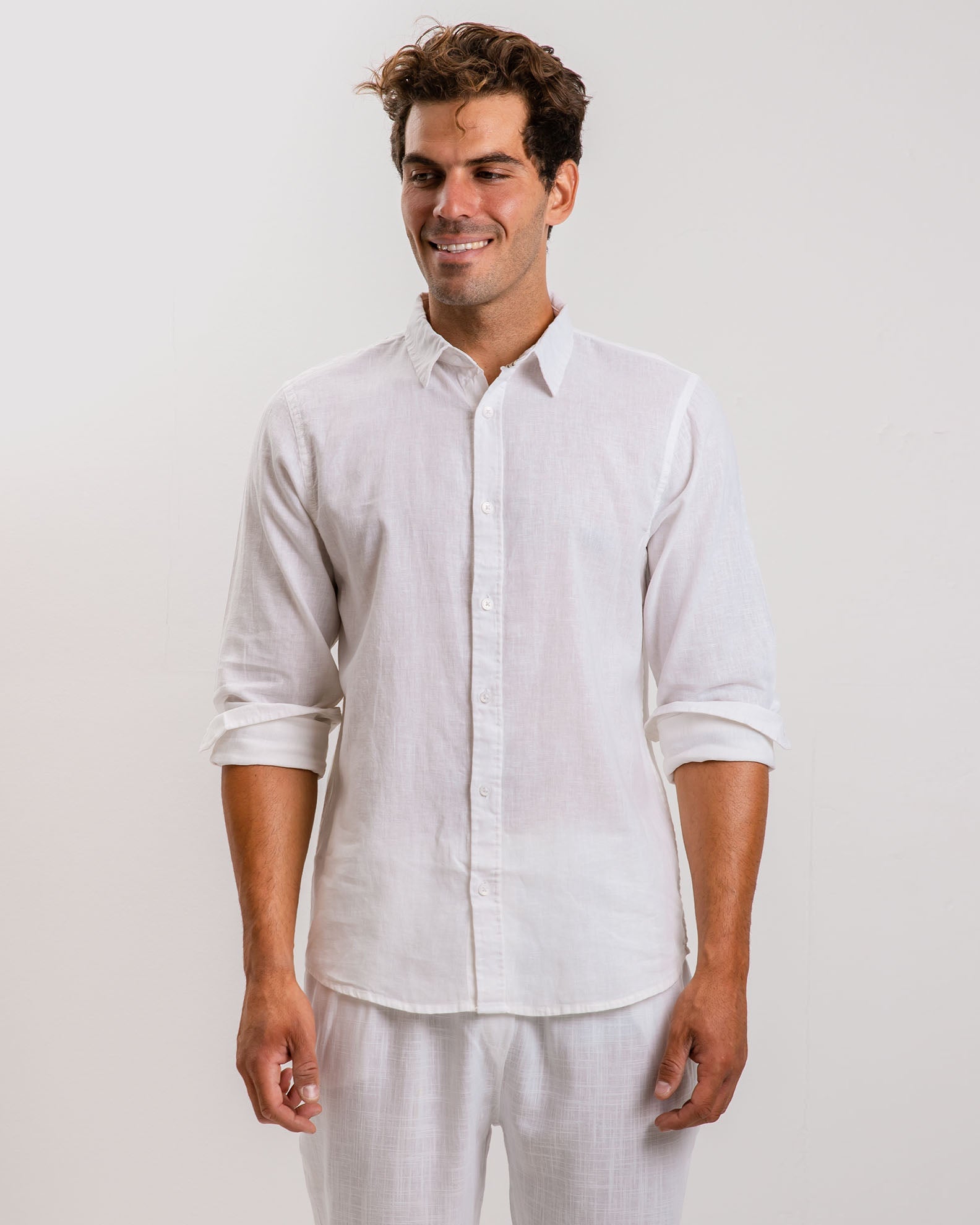 Men's long-sleeve linen shirt with 'Stuart' collar-WHITE