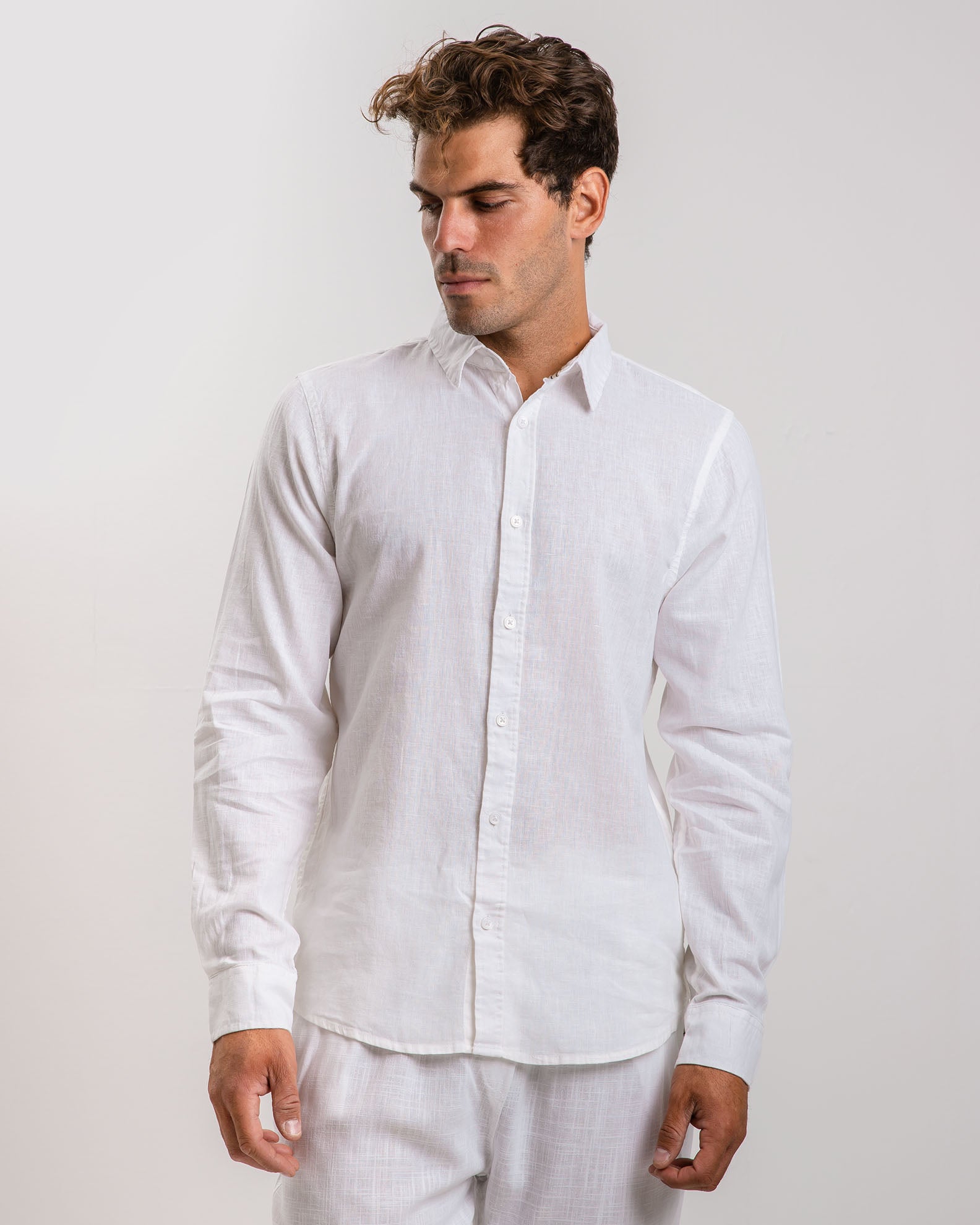 Men's long-sleeve linen shirt with 'Stuart' collar-WHITE