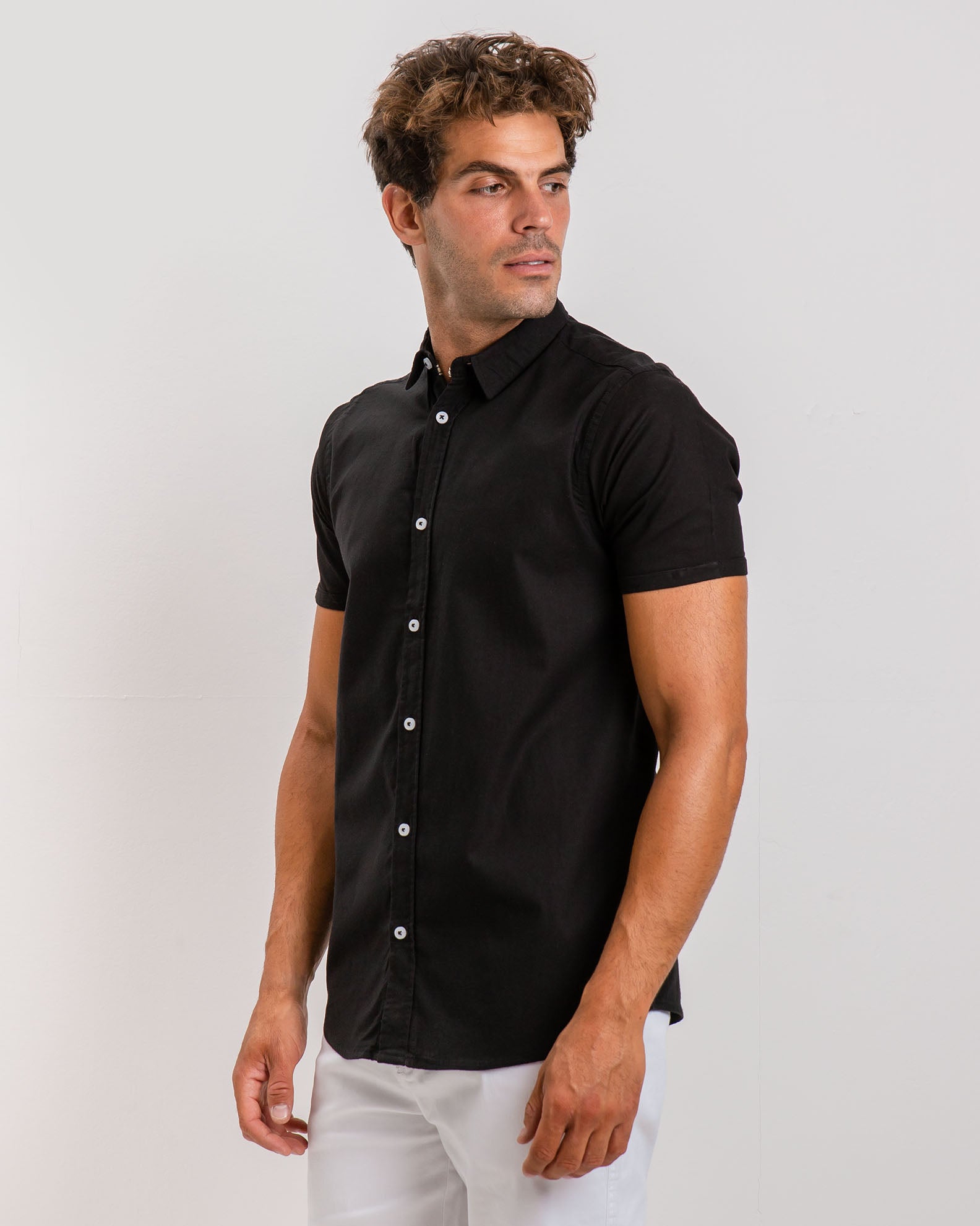 Men's short-sleeved linen shirt 'Conner'-BLACK