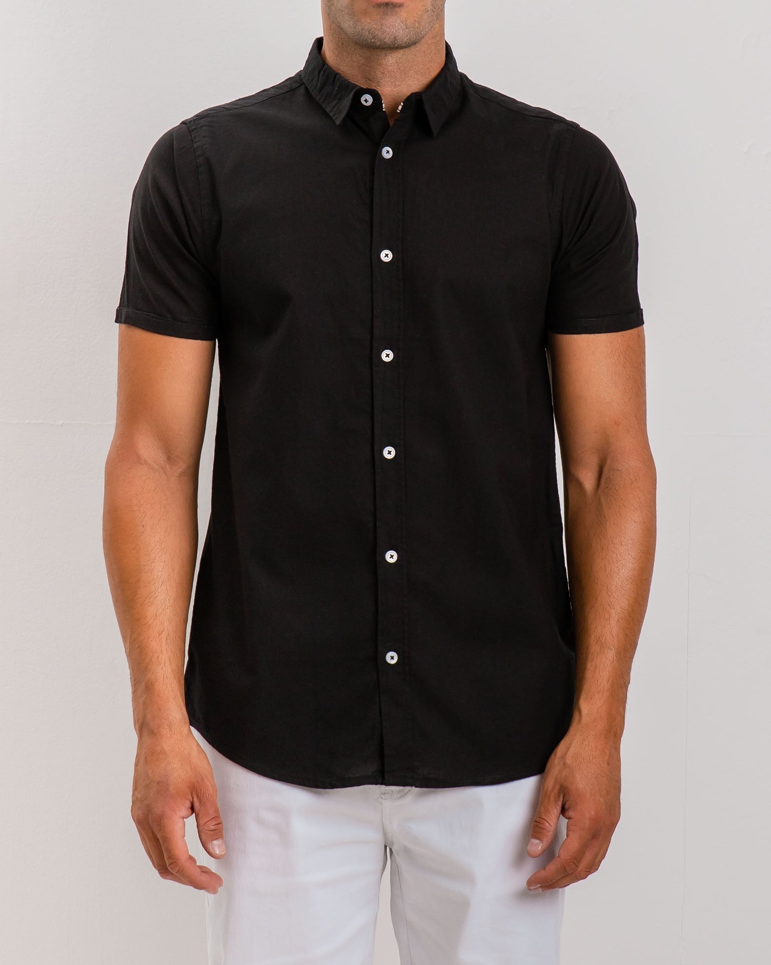 Men's short-sleeved linen shirt 'Conner'-BLACK