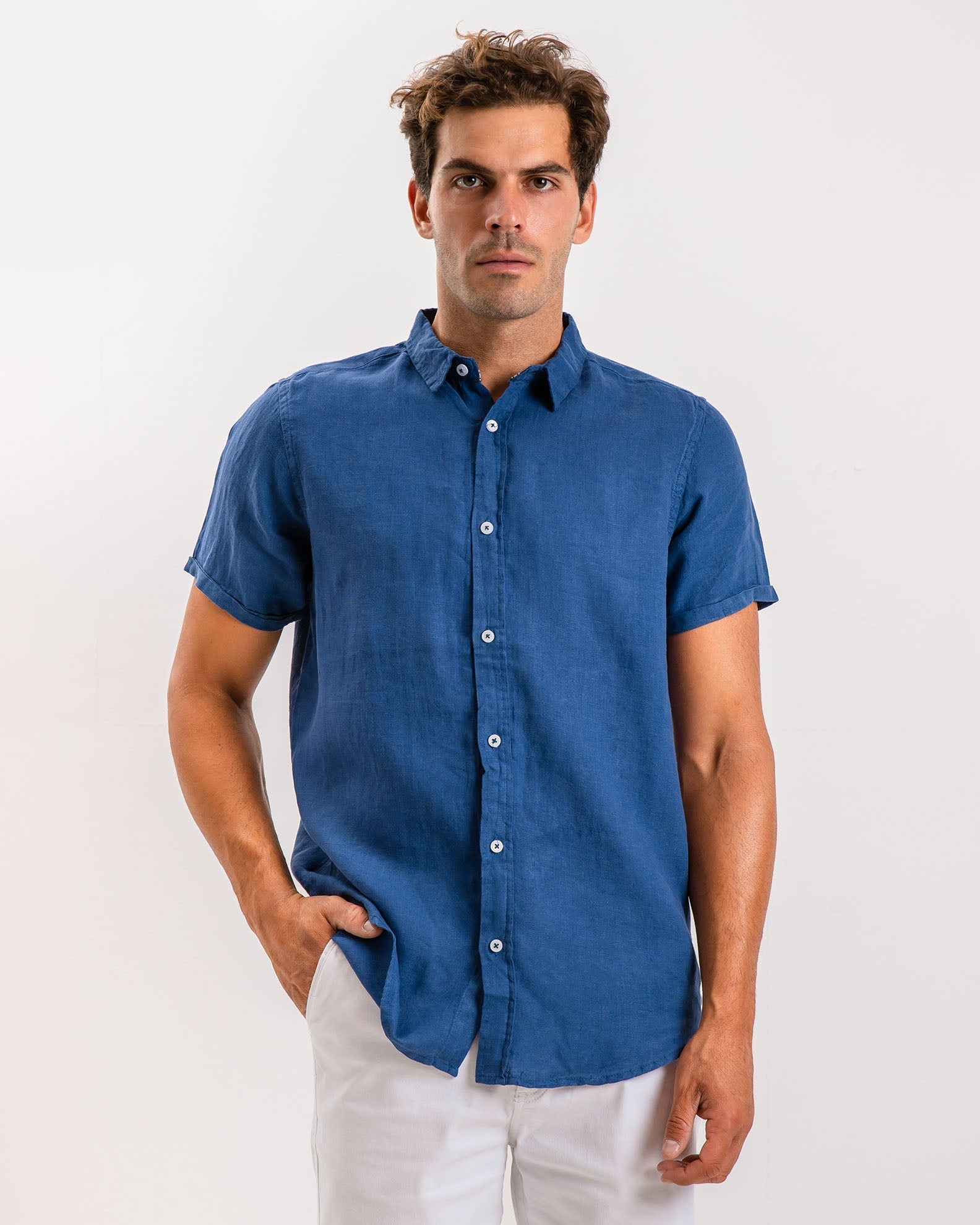 Men's short-sleeved linen shirt 'Conner'-BLUE DENIM