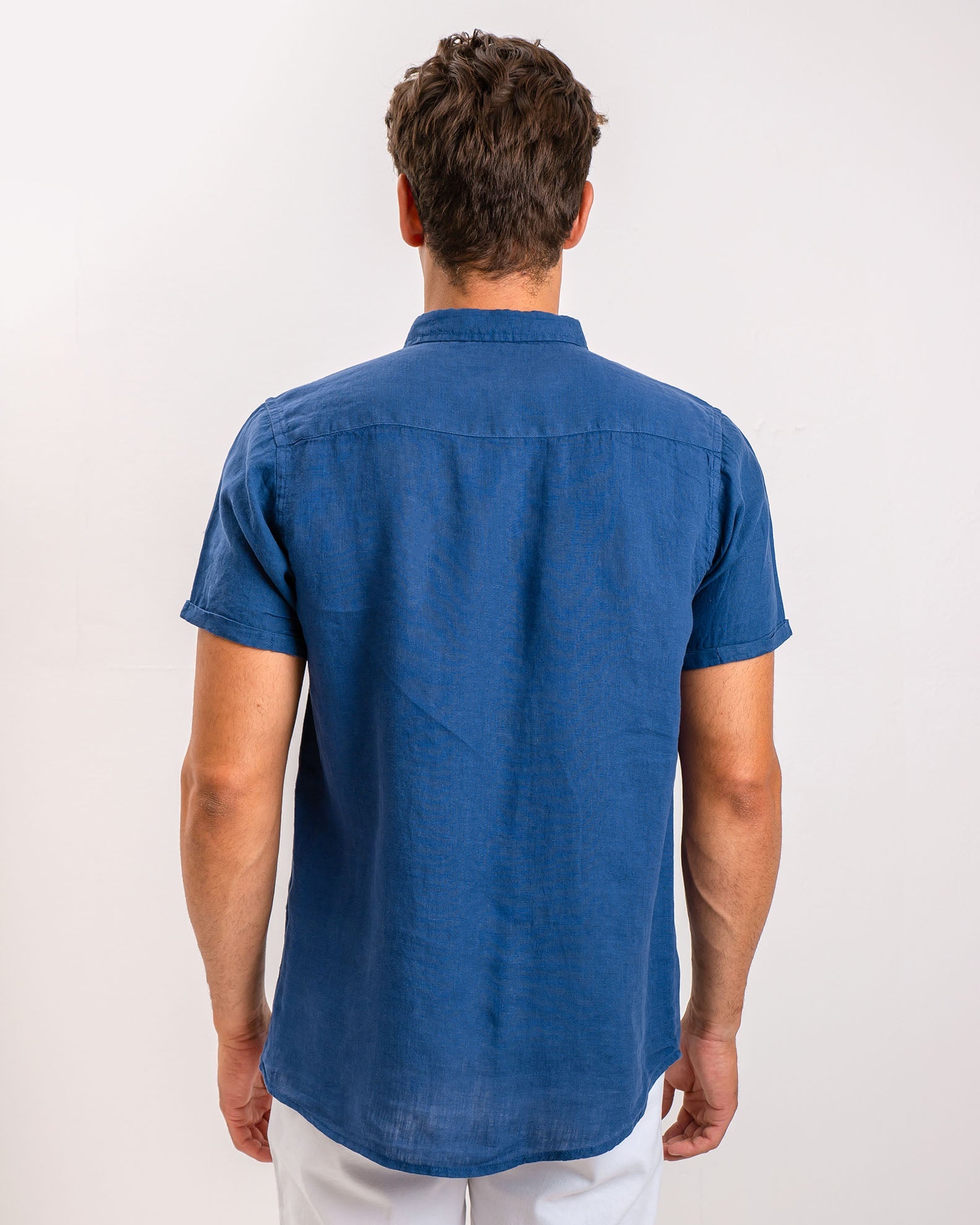 Men's short-sleeved linen shirt 'Conner'-BLUE DENIM