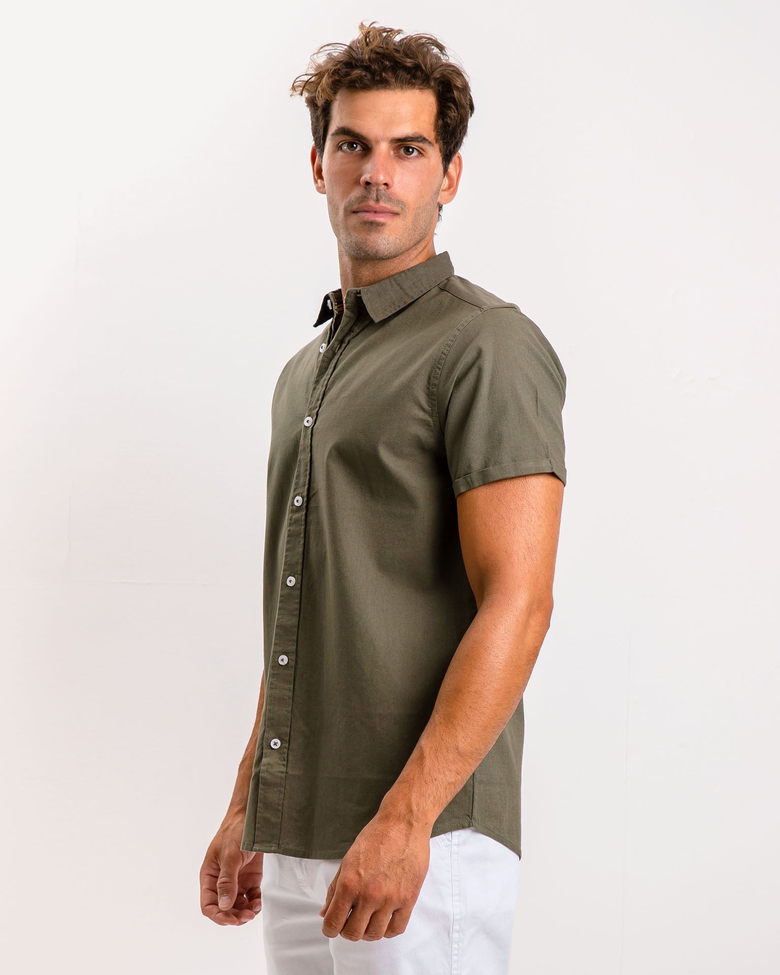 Men's short sleeve linen shirt 'Conner'-KHAKI