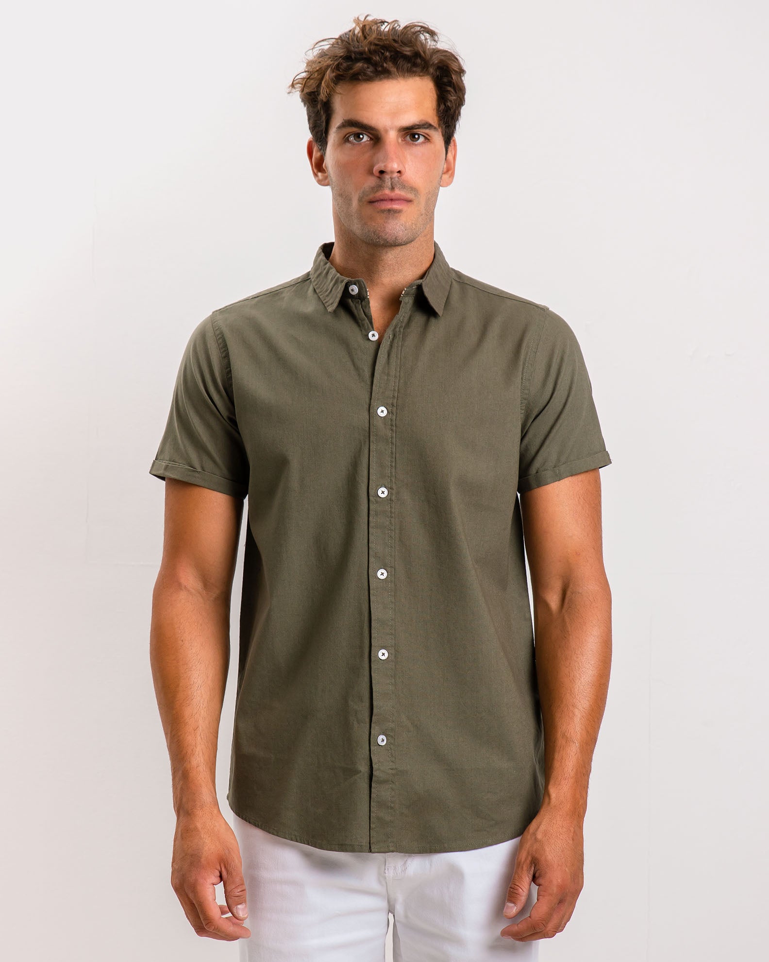 Men's short sleeve linen shirt 'Conner'-KHAKI