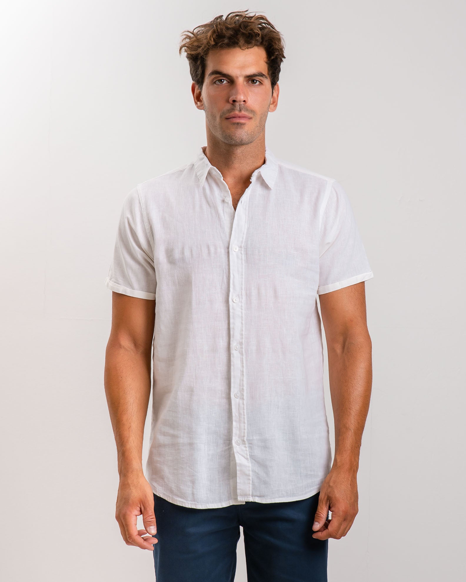 Men's short sleeve linen shirt 'Conner'-WHITE