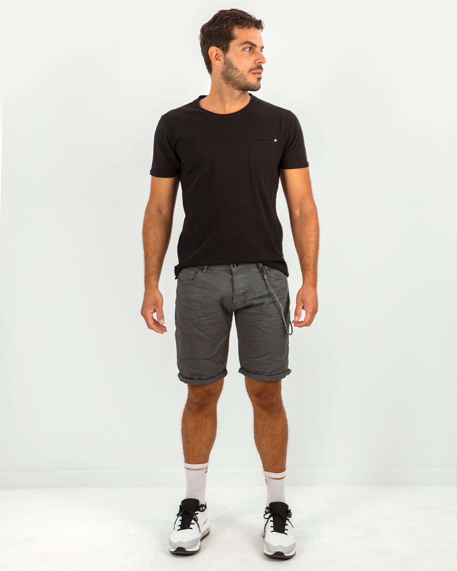 Men's denim shorts with decorative chain 'Adriano'-Denim dark grey