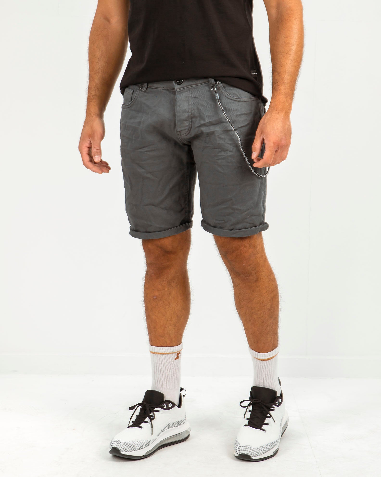 Men's denim shorts with decorative chain 'Adriano'-Denim dark grey