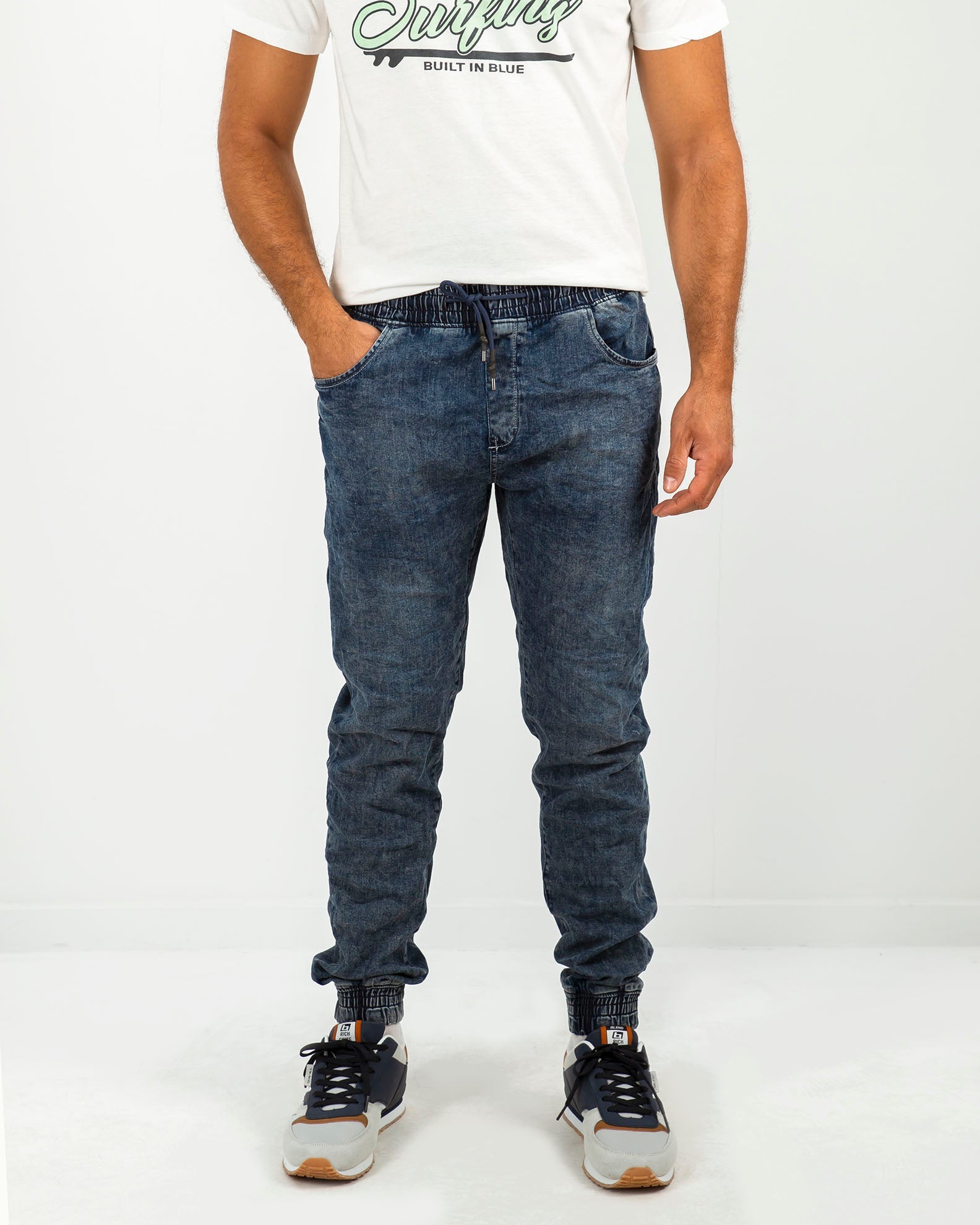 Men's elastic denim pants 'Benito'-BLUE DENIM