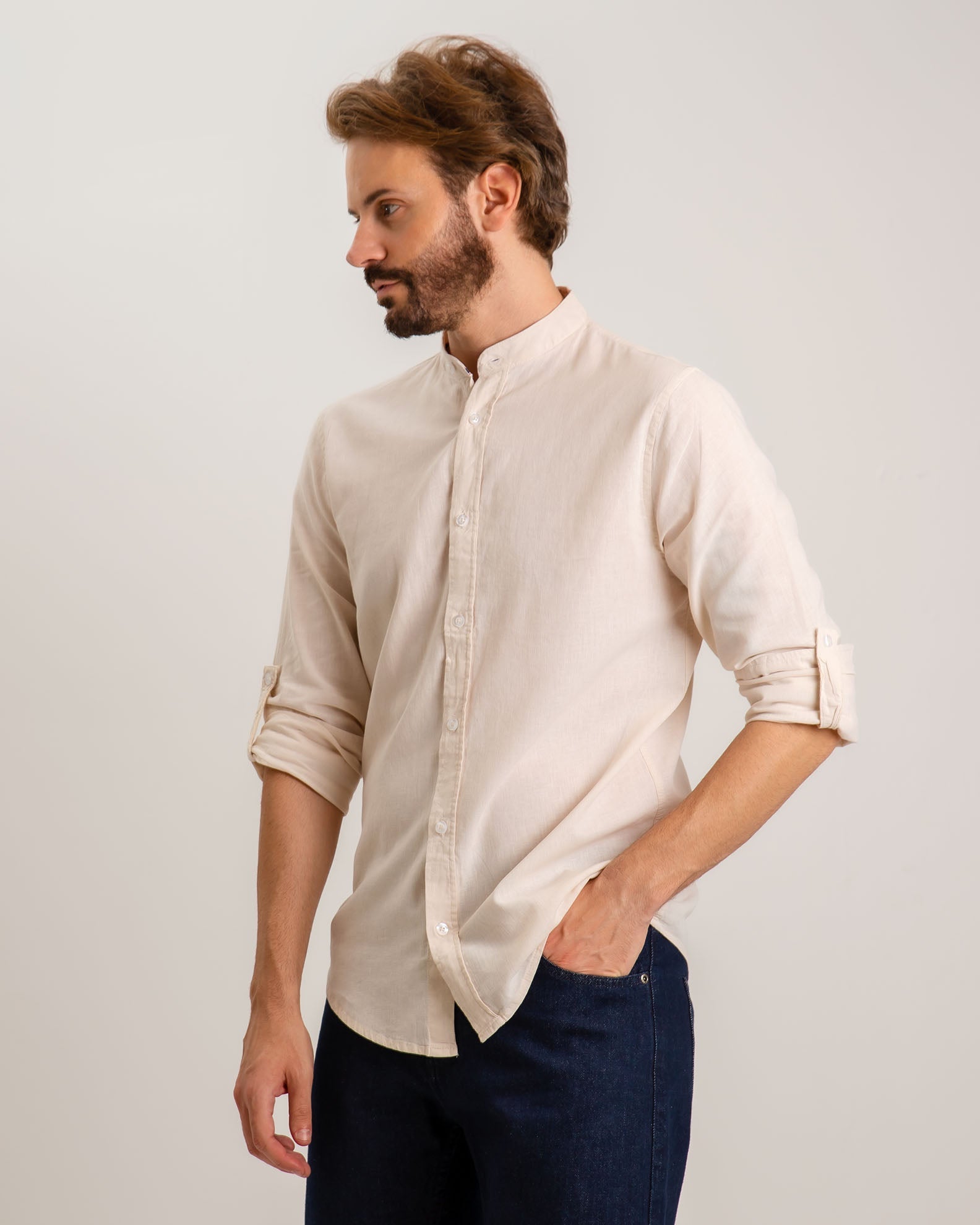 Men's Linen Type Shirt 'Zilberto'-BEIGE