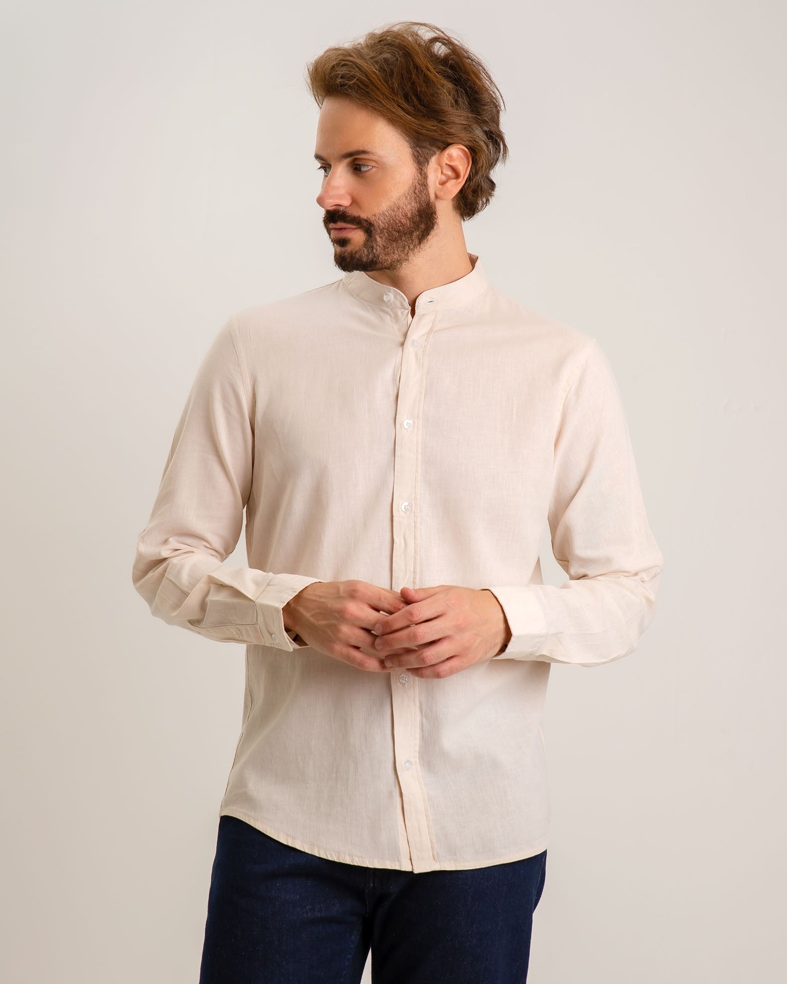 Men's Linen Type Shirt 'Zilberto'-BEIGE