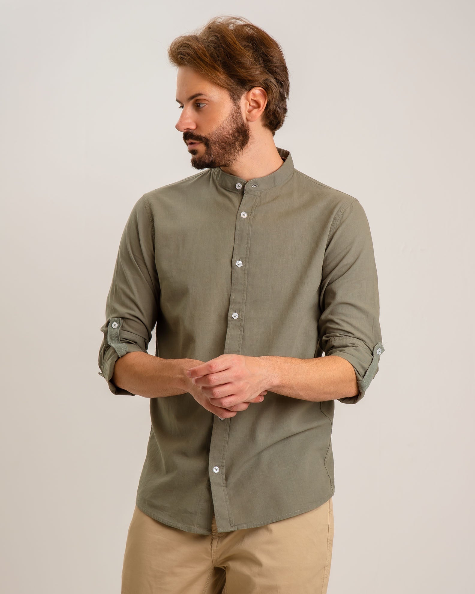 Men's Linen Type Shirt 'Zilberto'-KHAKI DARK