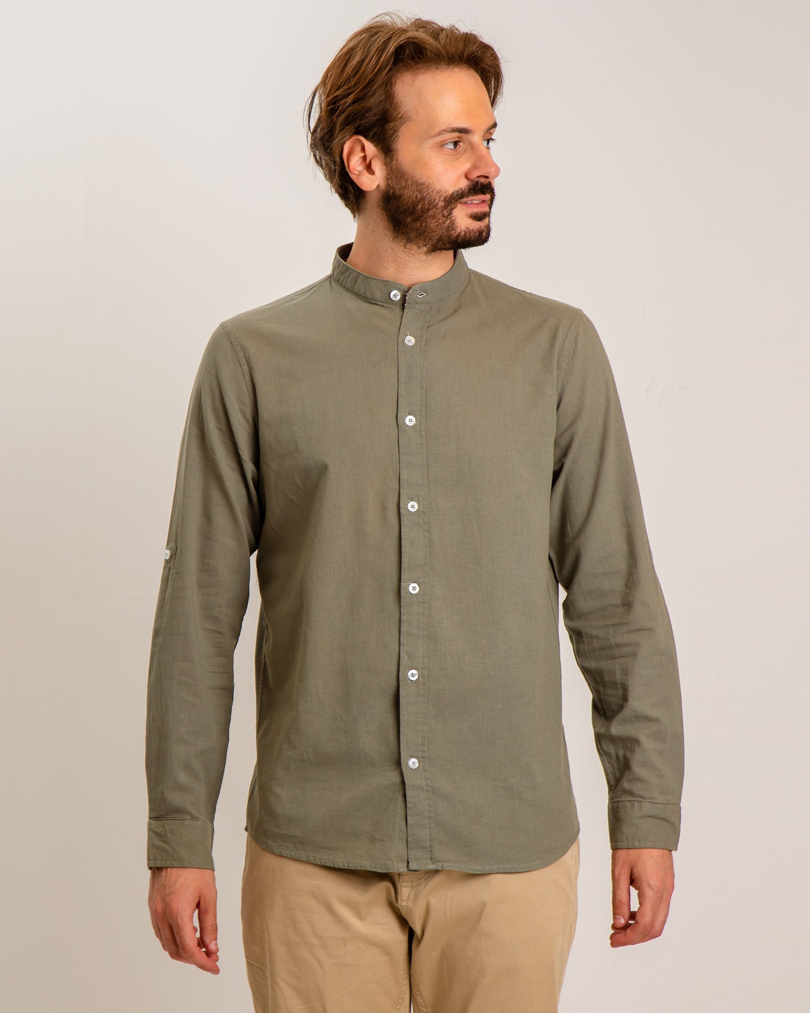 Men's Linen Type Shirt 'Zilberto'-KHAKI DARK