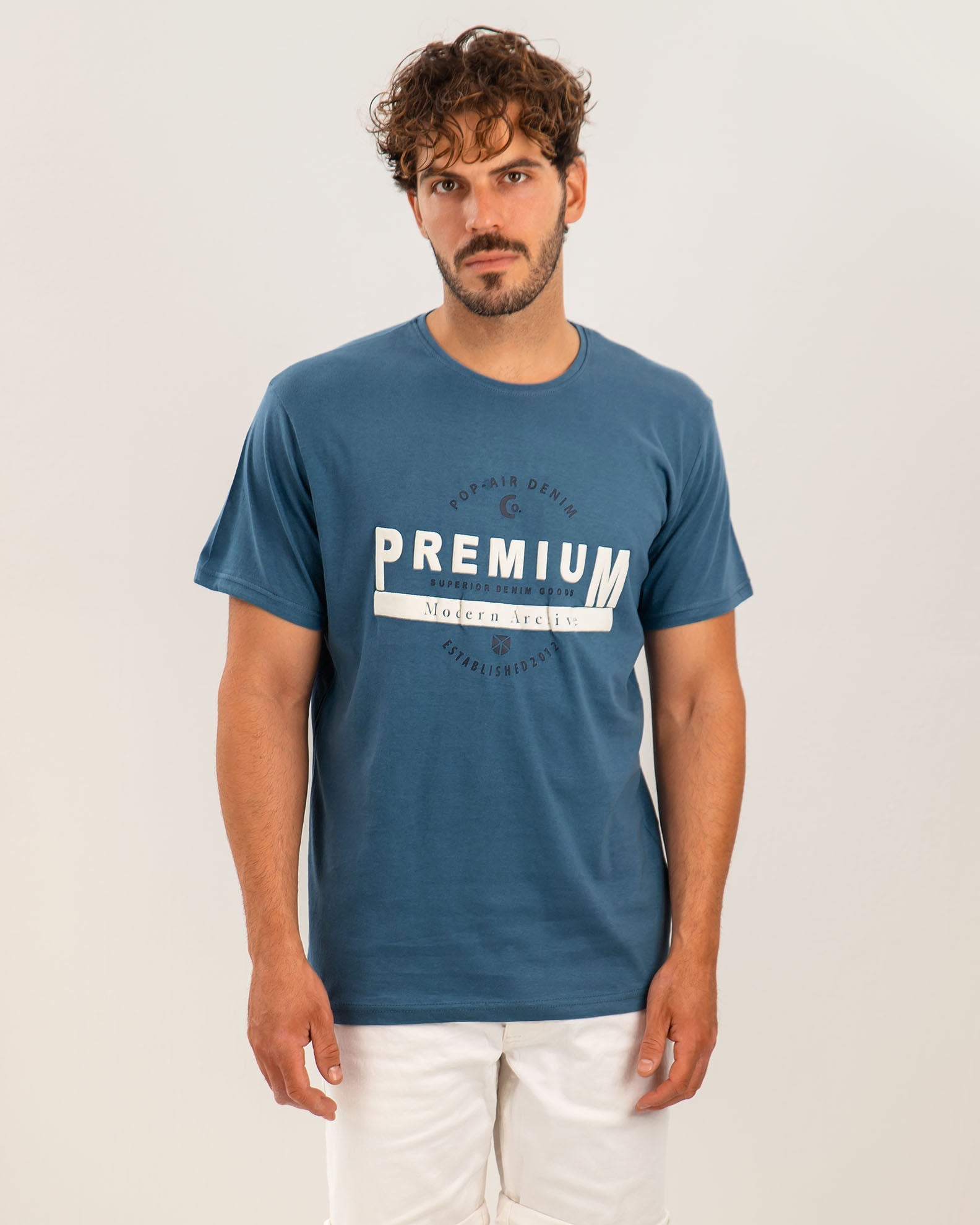 Men's Short Sleeve T-Shirt with 'Premium' Print-BLUE