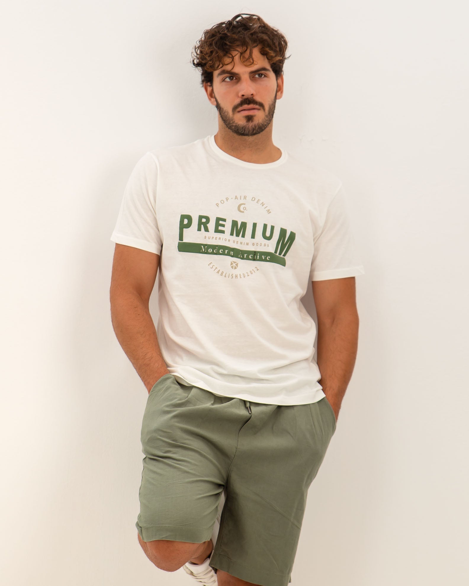 Men's Short Sleeve T-Shirt with 'Premium' Print-OFFWHITE