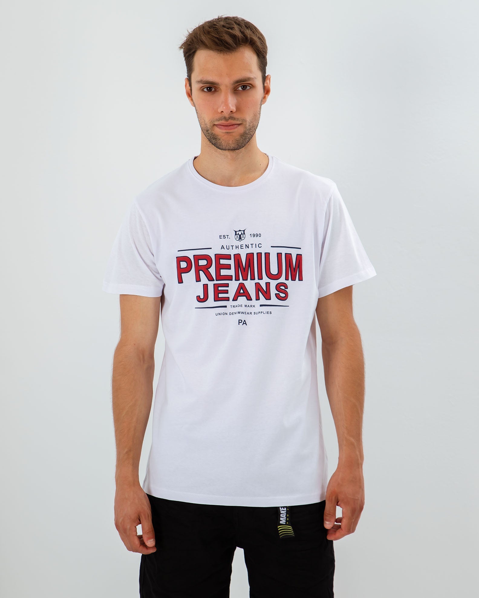 Men's Short Sleeve T-Shirt with 'Jeans' Print-WHITE