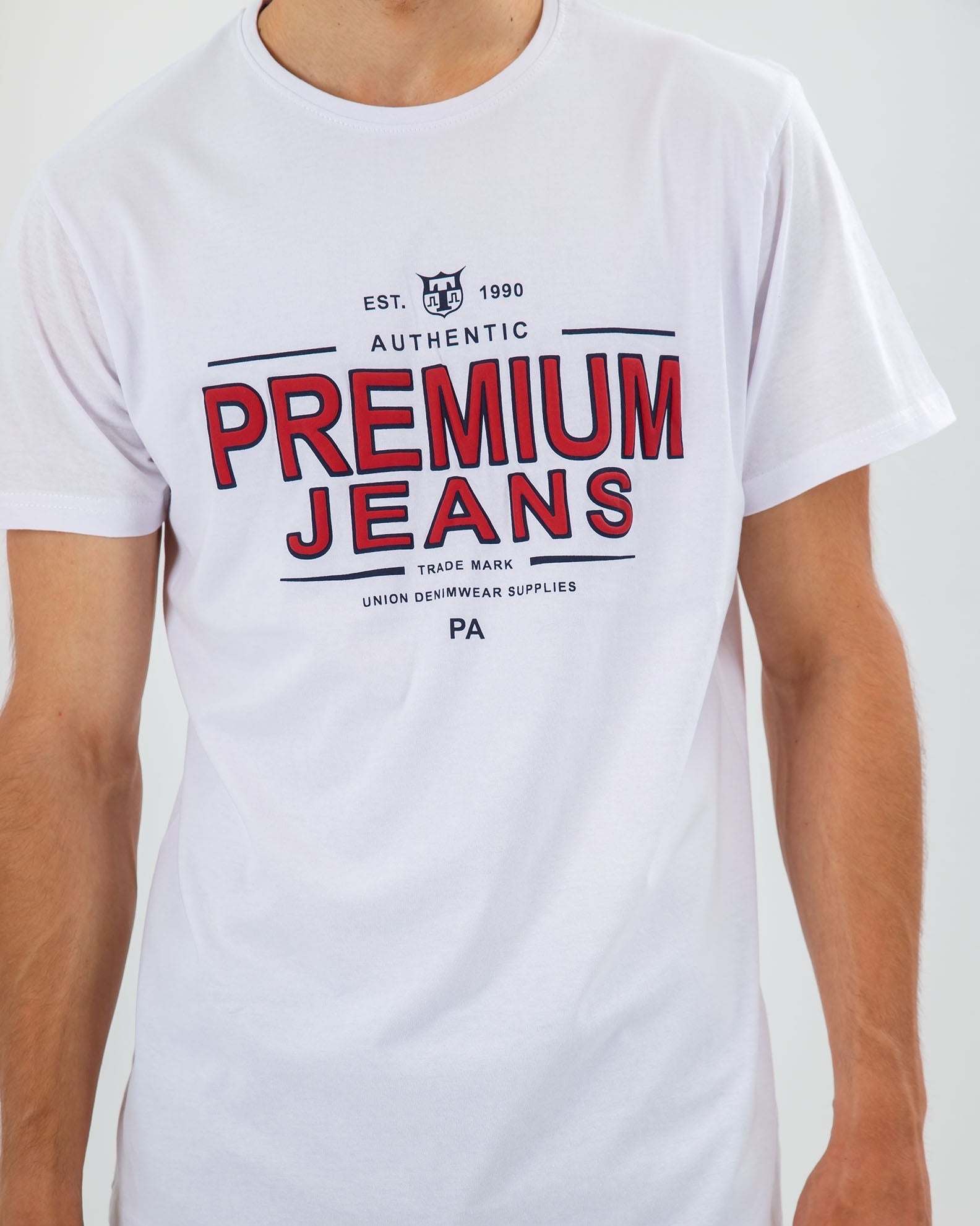 Men's Short Sleeve T-Shirt with 'Jeans' Print-WHITE