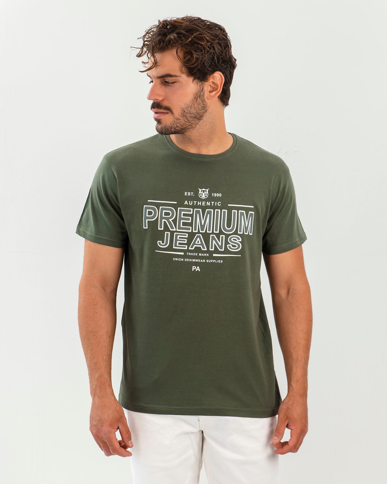 Men's Short Sleeve T-Shirt with 'Jeans' Print-KHAKI