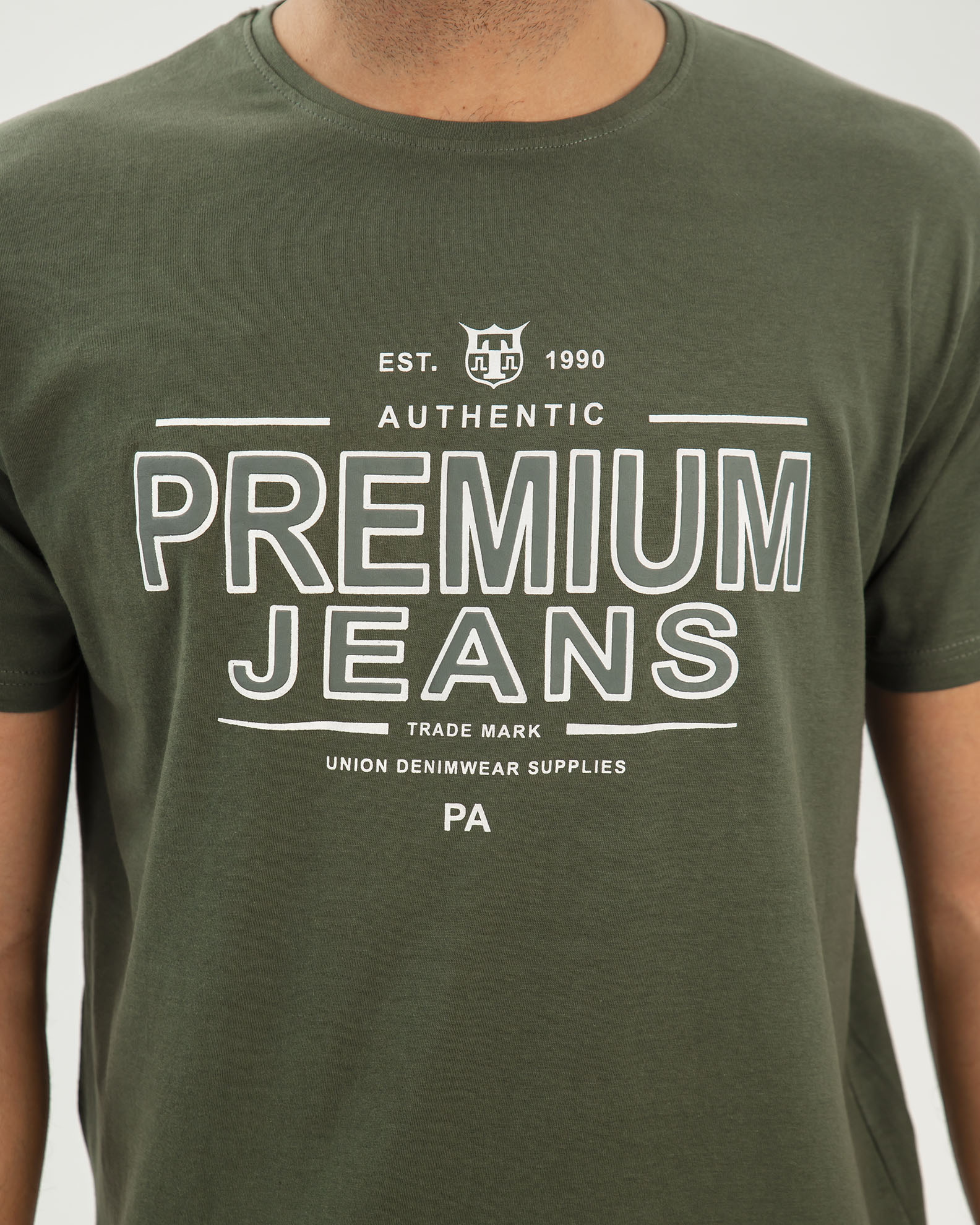 Men's Short Sleeve T-Shirt with 'Jeans' Print-KHAKI